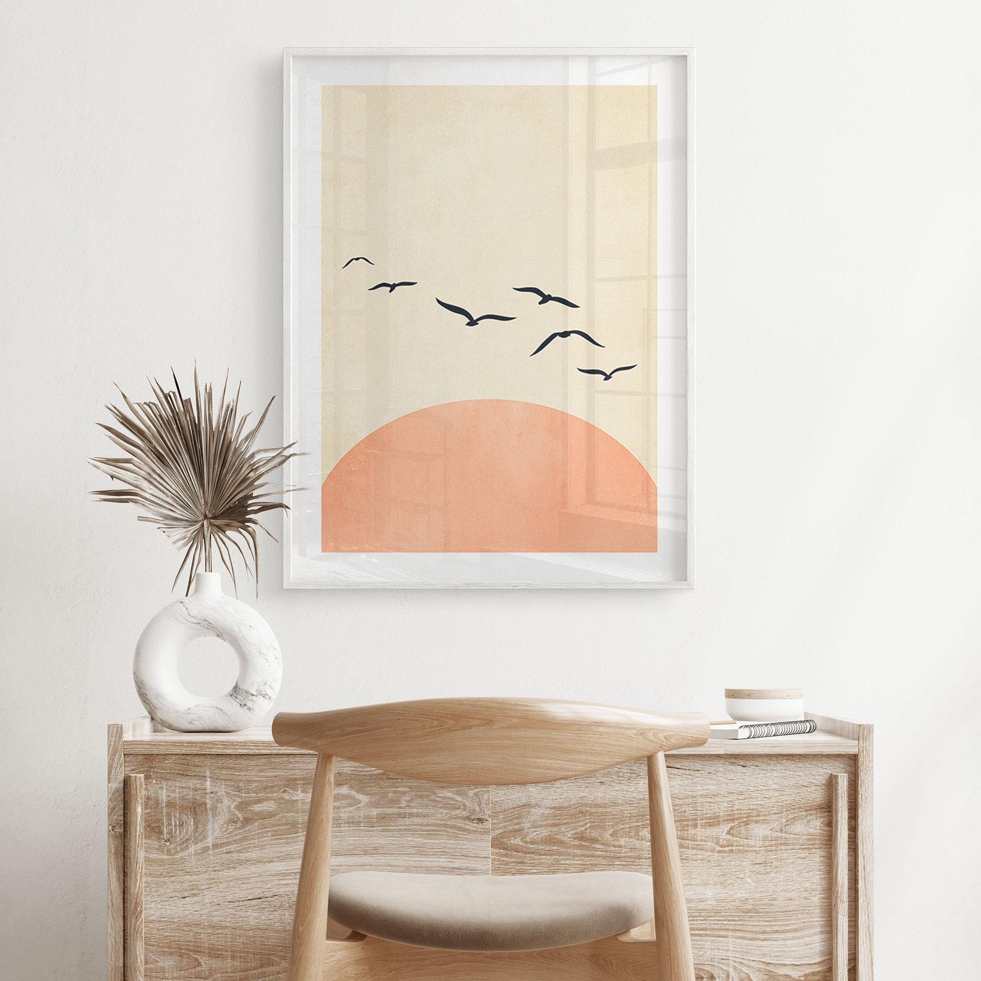 Plakat Sværm af fugle ved solnedgang - Kubistika