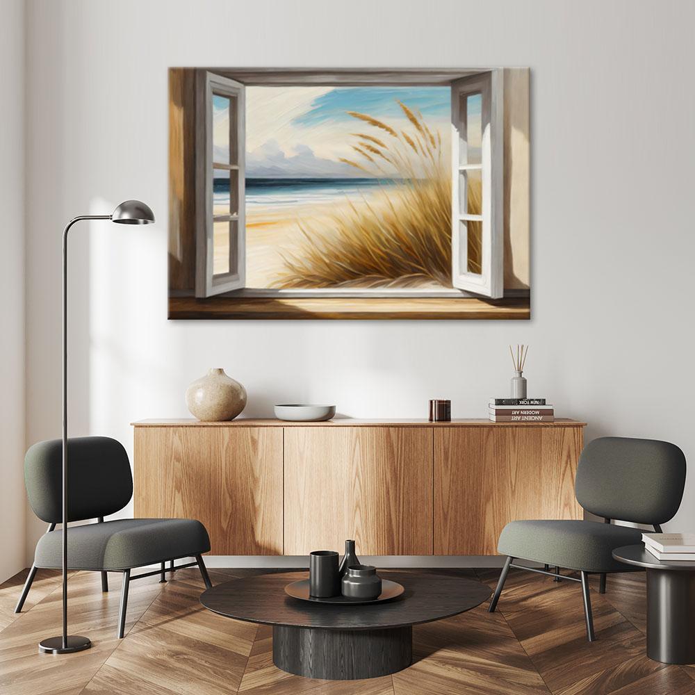 Leinwandbild Blick aus dem Fenster auf den Strand