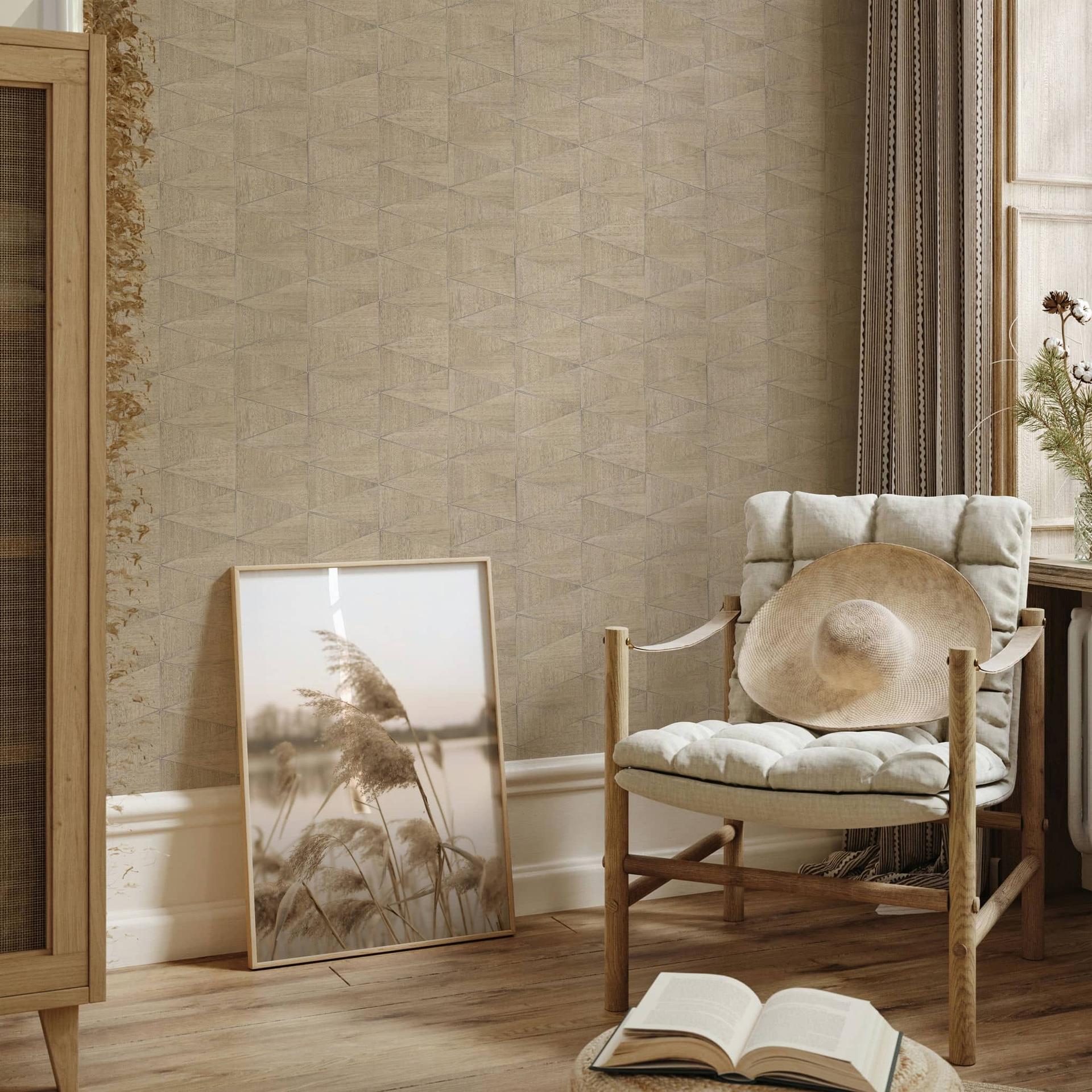 Vliesbehang met geometrisch patroon, driehoeken bruin, beige grafisch