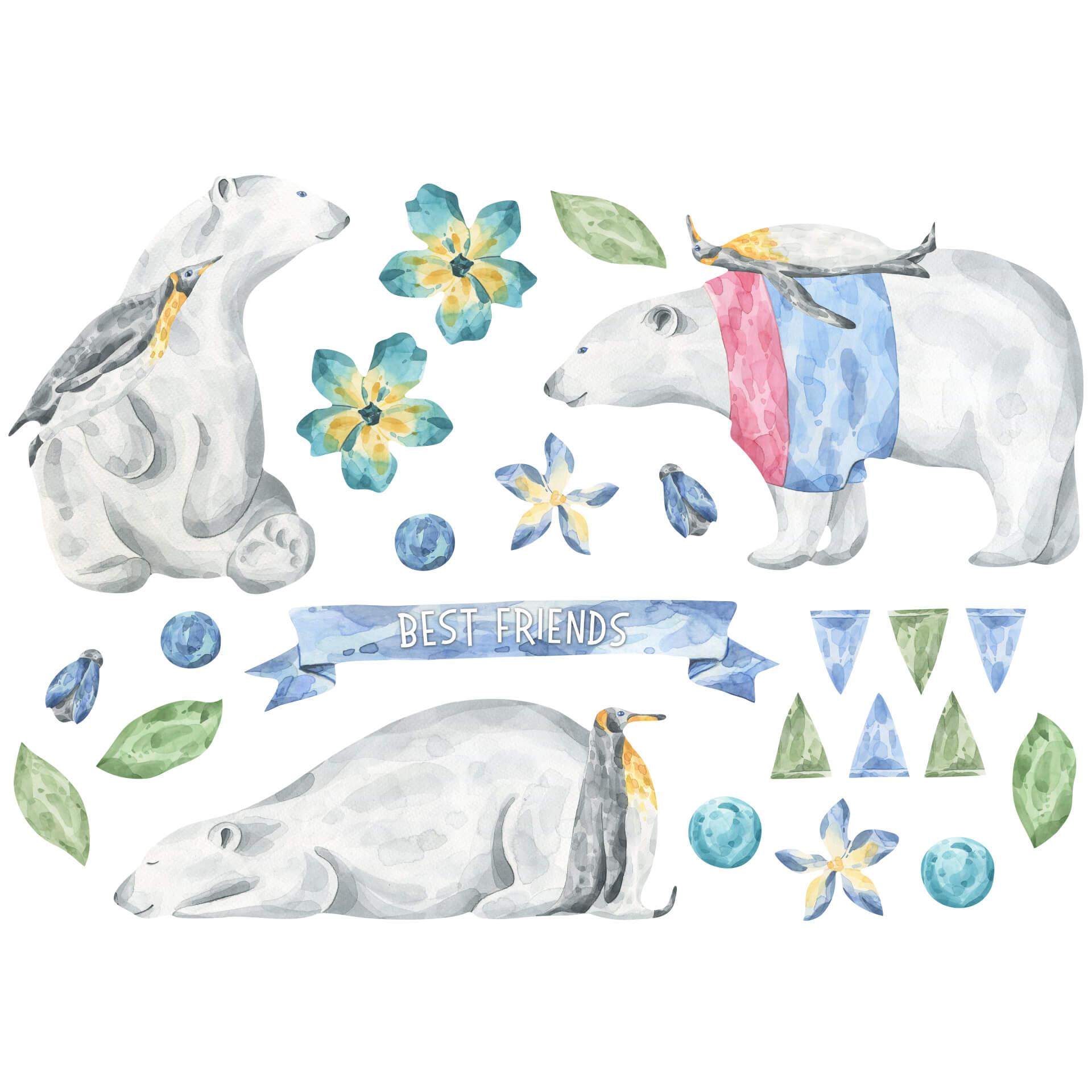 Wandtattoo Watercolour Beste Freunde Set - Eisbär und Pinguin