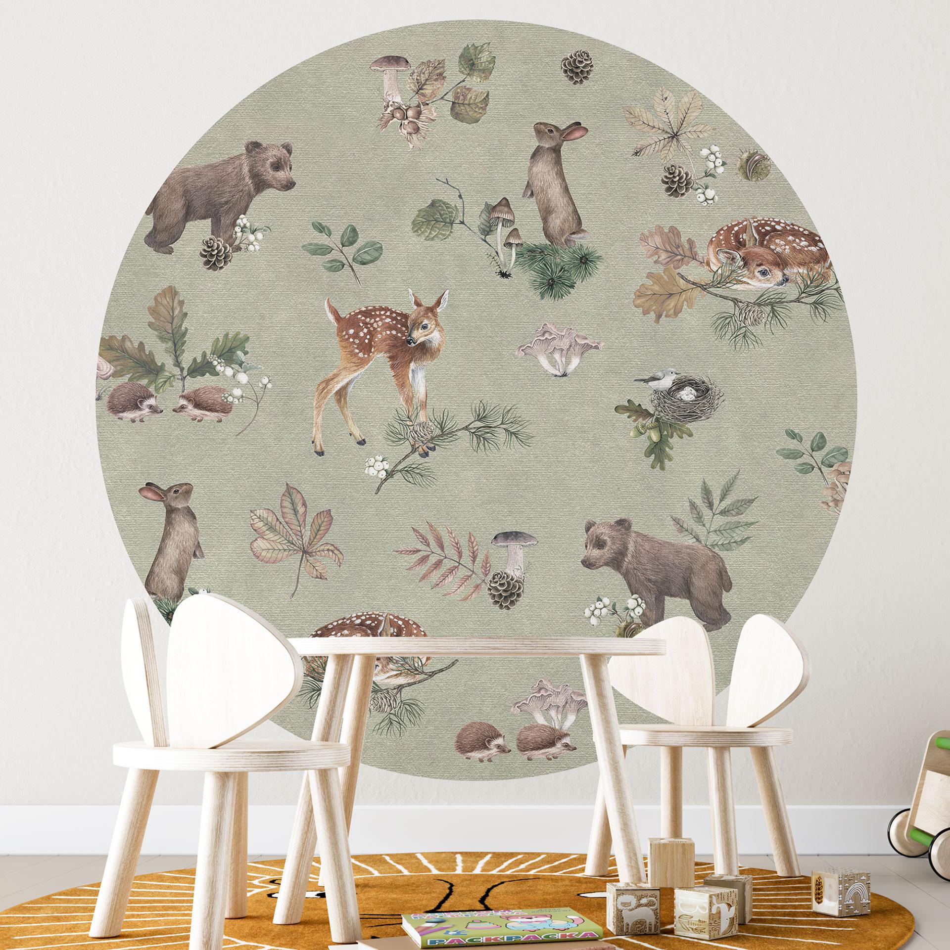 Fawn and forest friends fototapet - dyr til børn - grøn - Kikki Belle - Rund - vliesetapet/selvklæbe