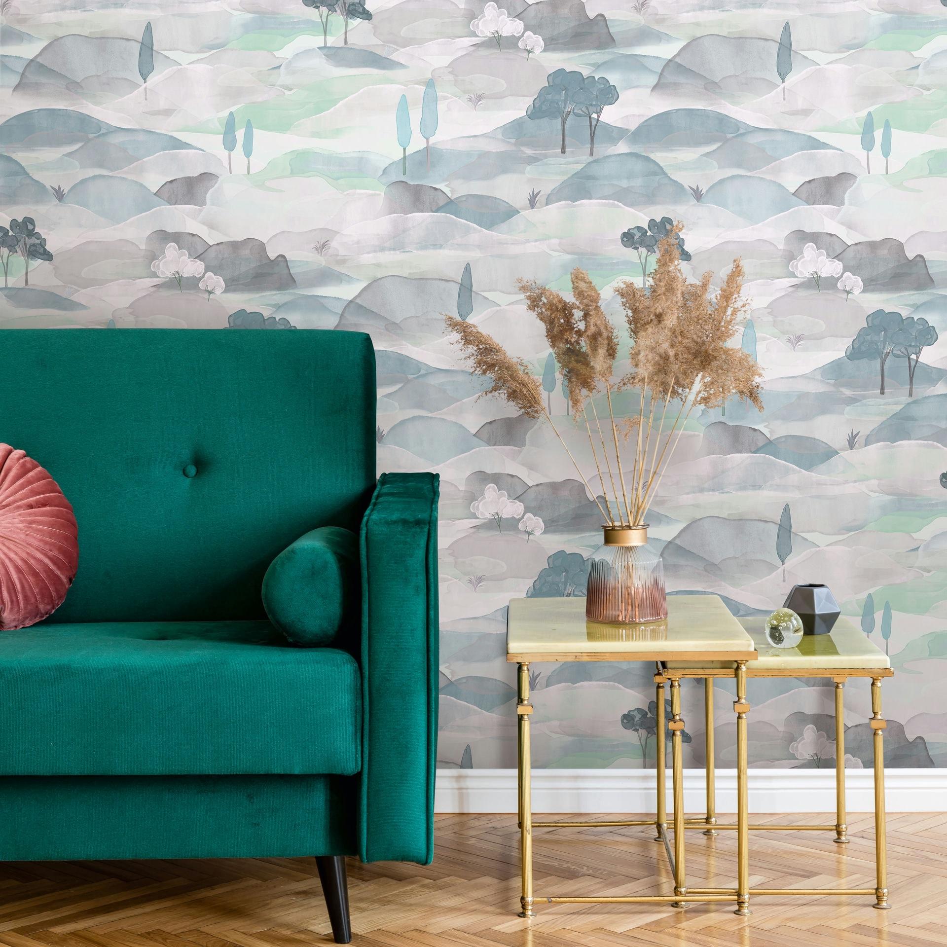 Vliesbehang landschap grafisch natuur mat in wit groen blauw
