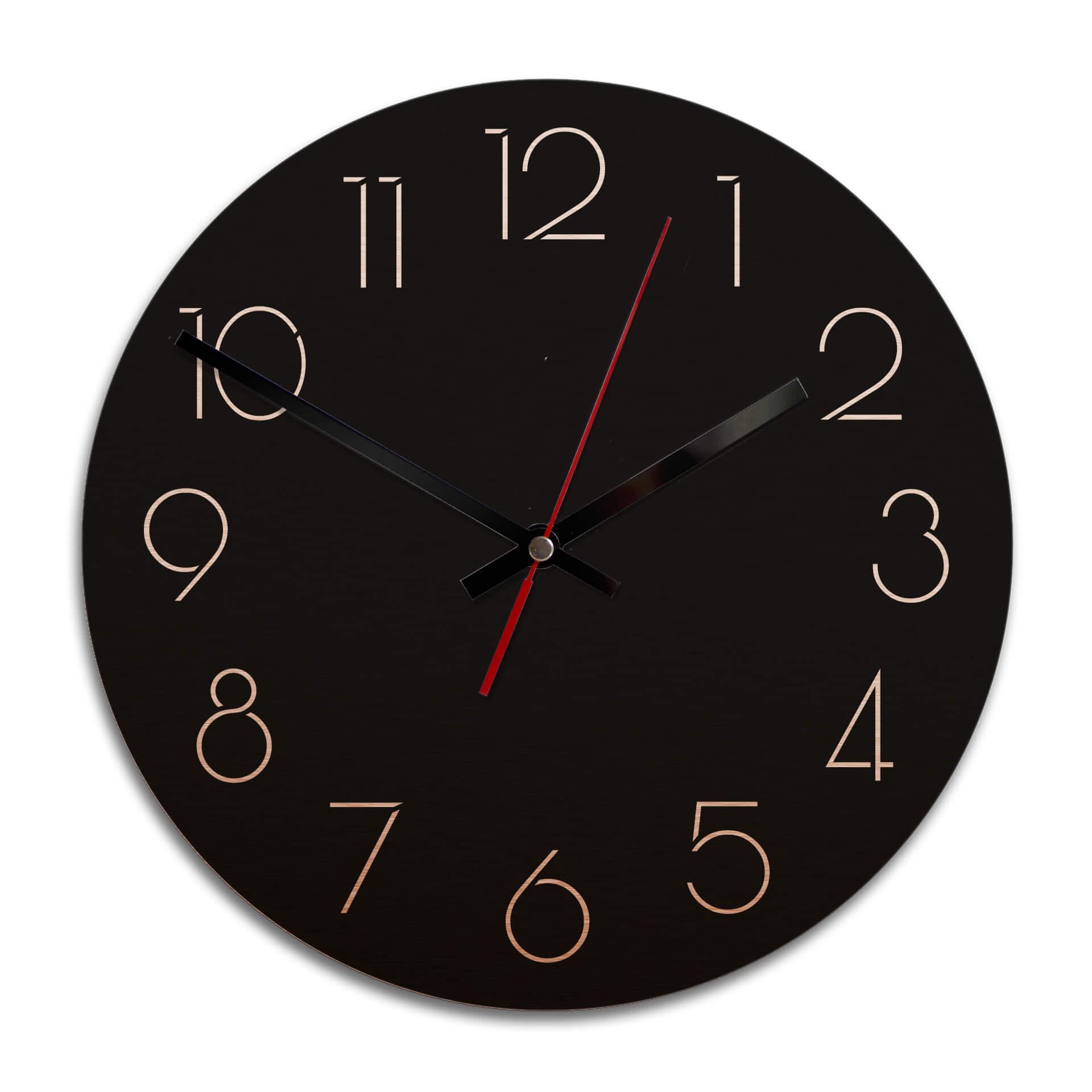 Wanduhr Alu Dibond Kupfereffekt - Modern nur mit Zahlen negativ - Ø 28 cm