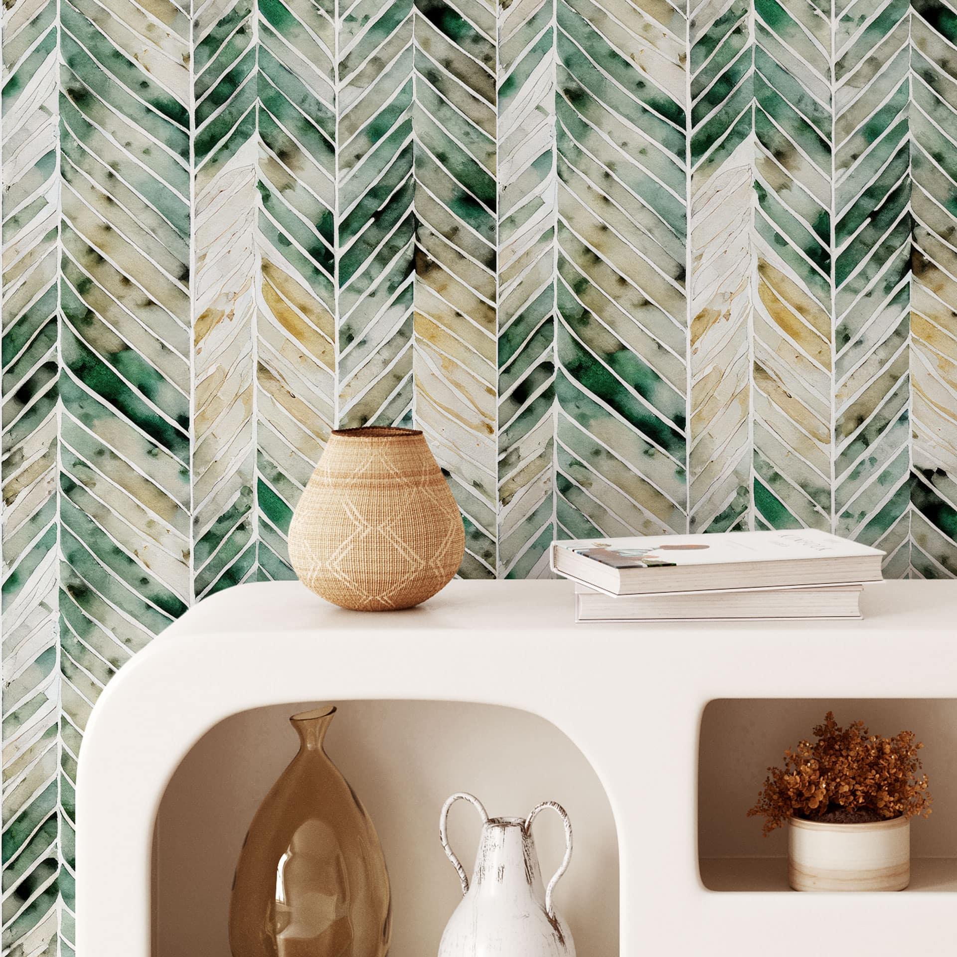 Groen aquarel visgraatmotief behang - Treechild
