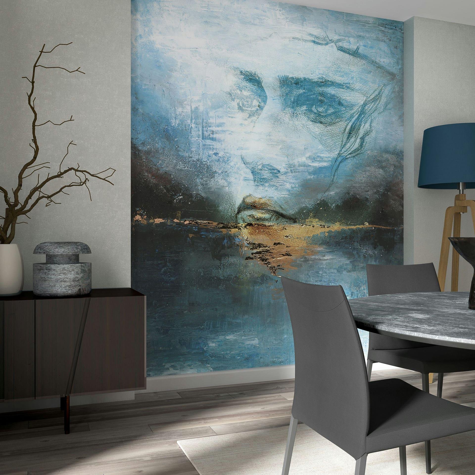 Fototapet i blå med abstrakt ansigtsgrafik natur 2,70 x 2,12m