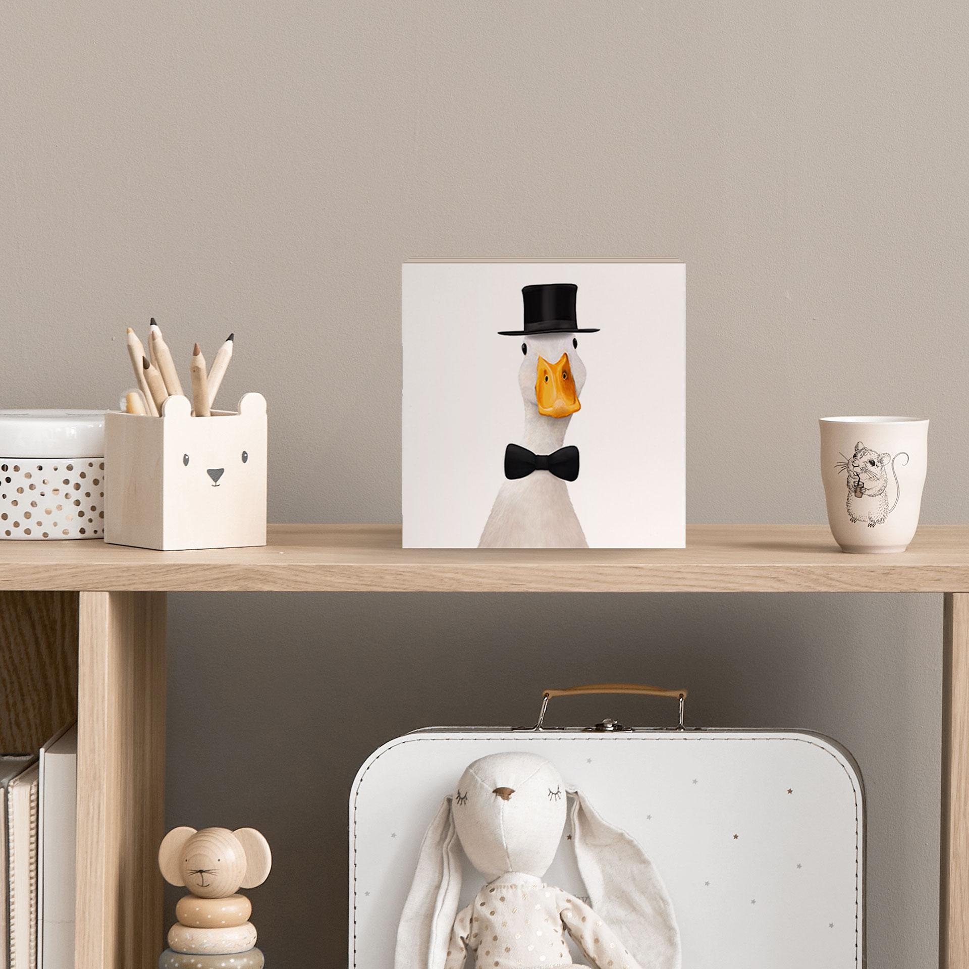 Houten Wanddecoratie om neer te zetten - Gentleman Gans met Hoge Hoed - Korenkova - 15x15 cm