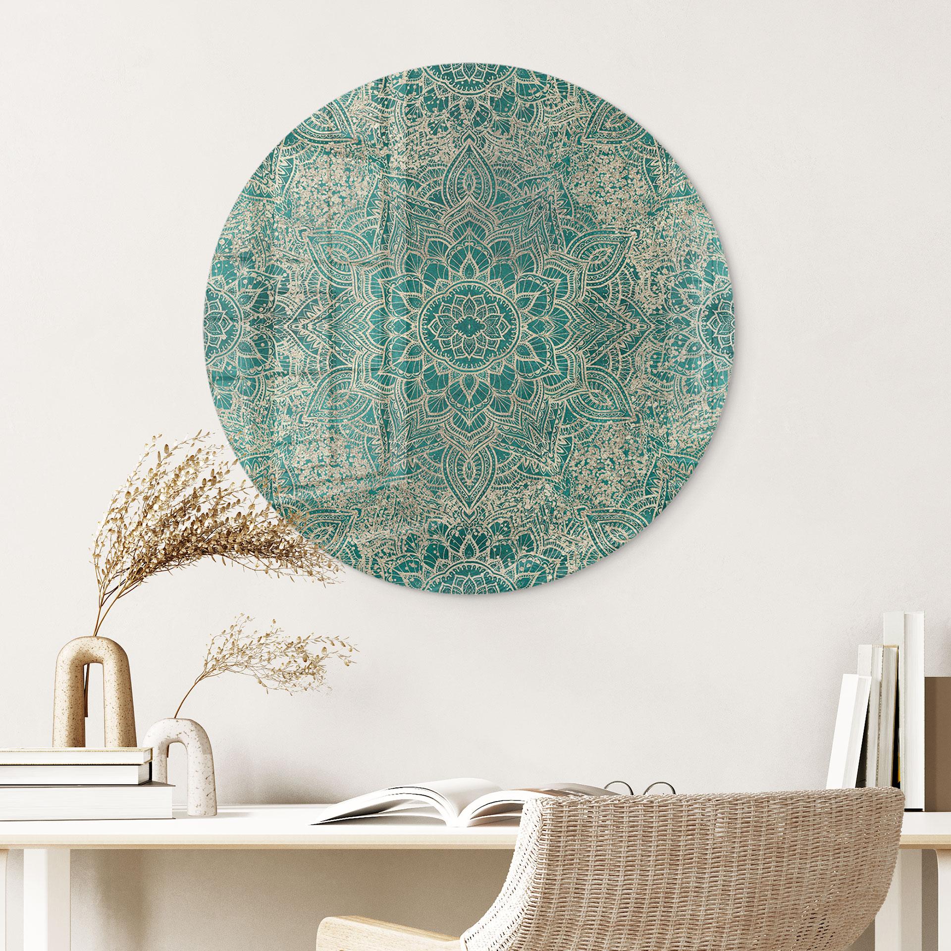 Glasbillede - Mandala Boho Guld-grøn - Bloomery Decor - Rund