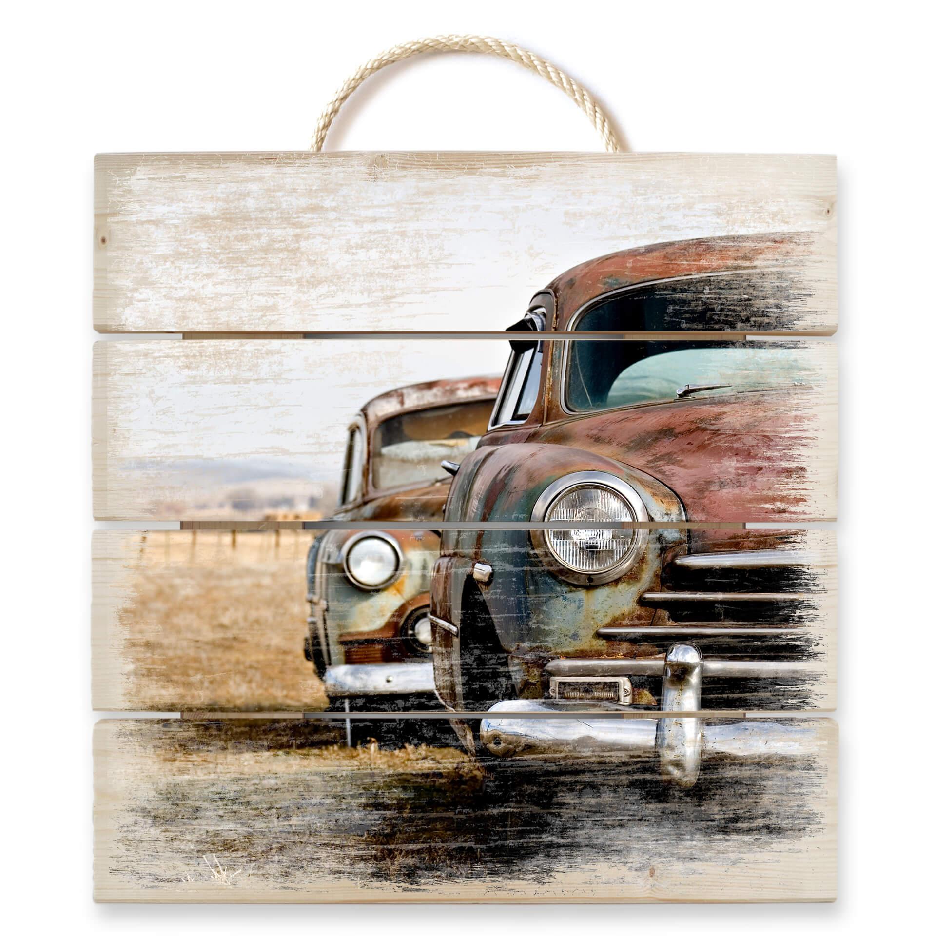 Cuadro de madera Coches viejos oxidados - 40x41,5 cm