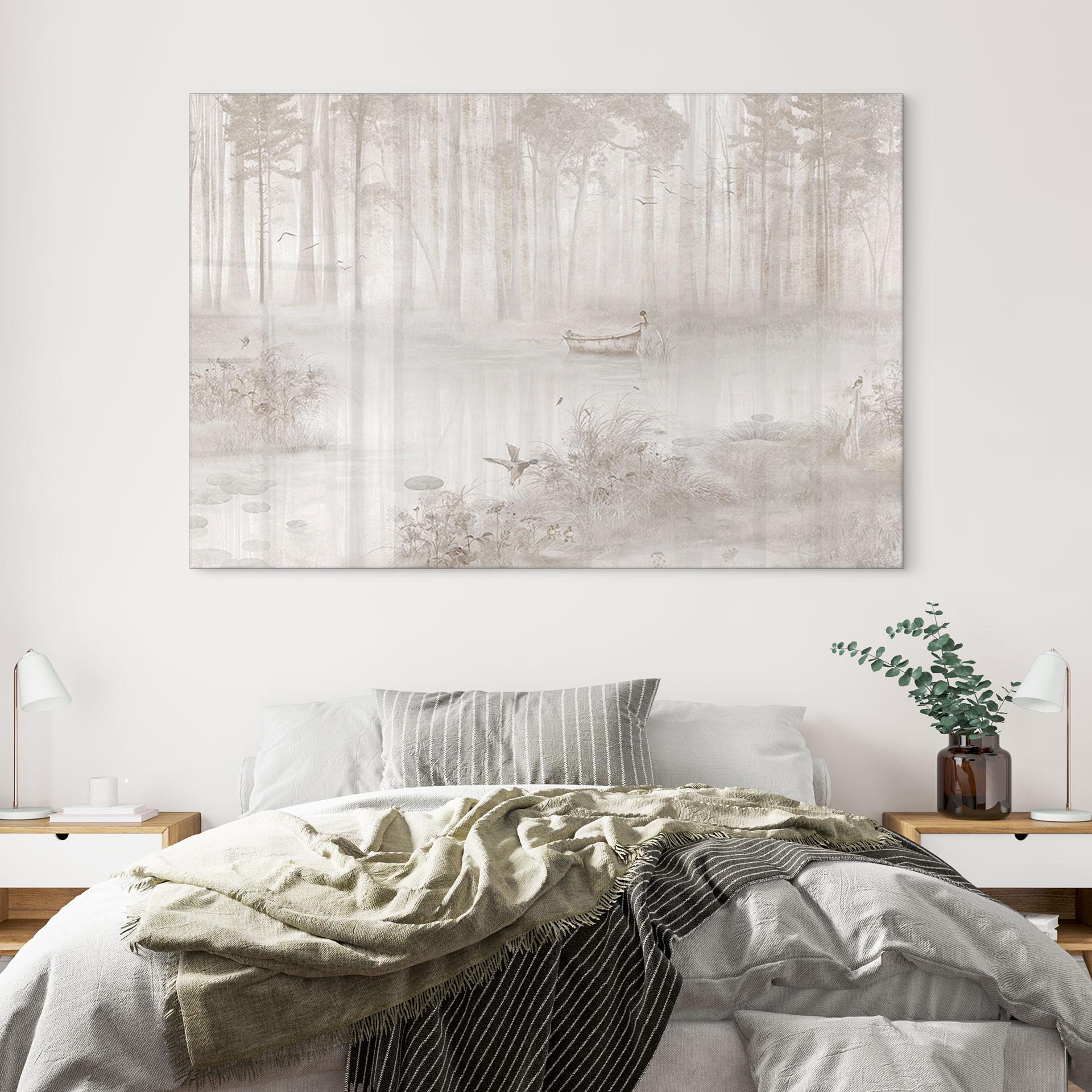 Acrylglasbild Wald am See im Nebel in Beige - Ms Tiff
