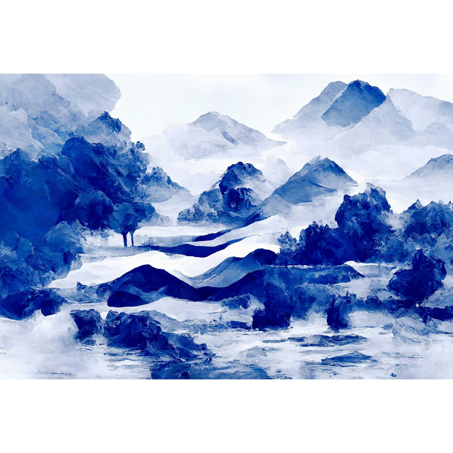 blauwe tinten aquarel berg panorama behang - artistiek vliesbehang