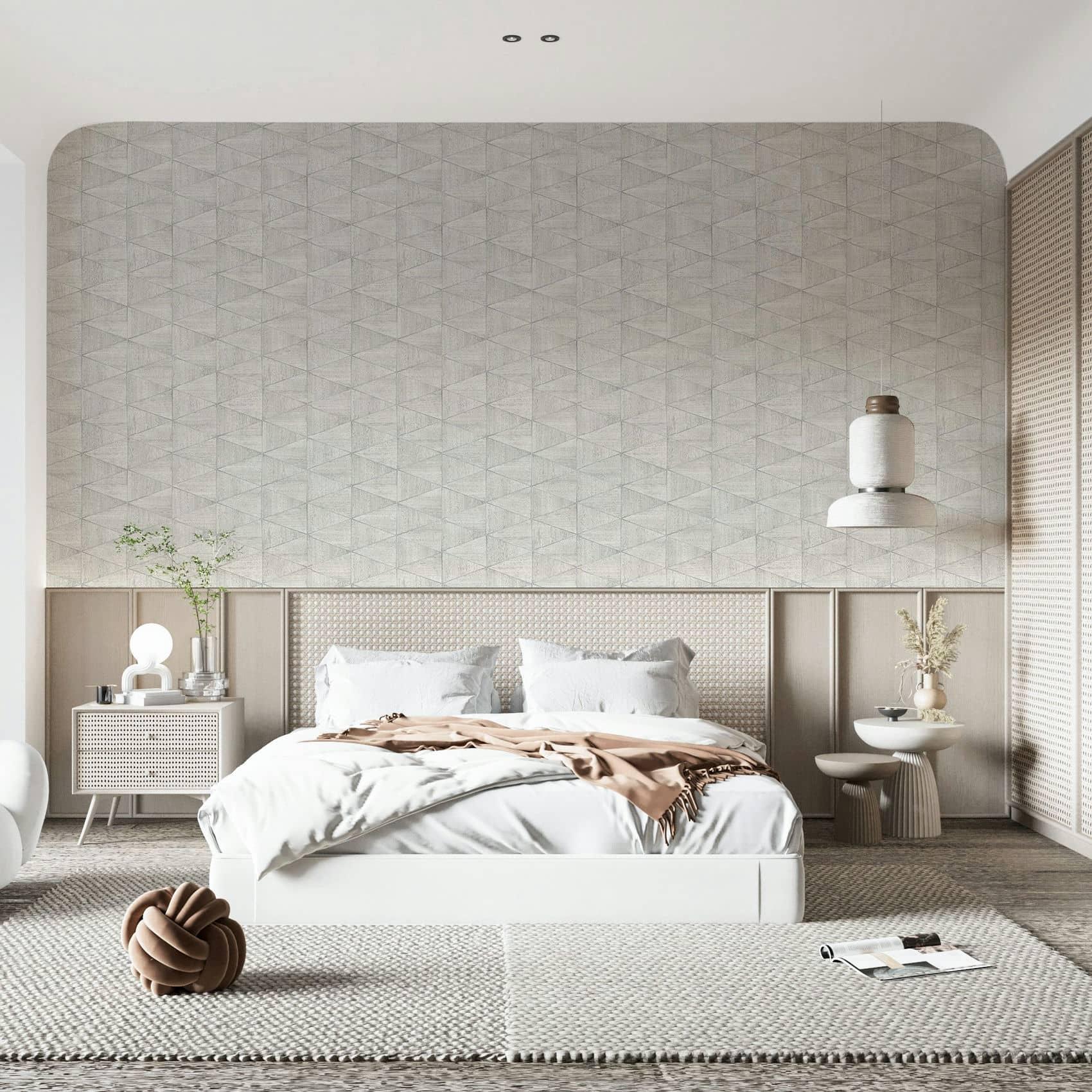 Vliesbehang met geometrisch patroon, driehoeken beige, grijs grafisch