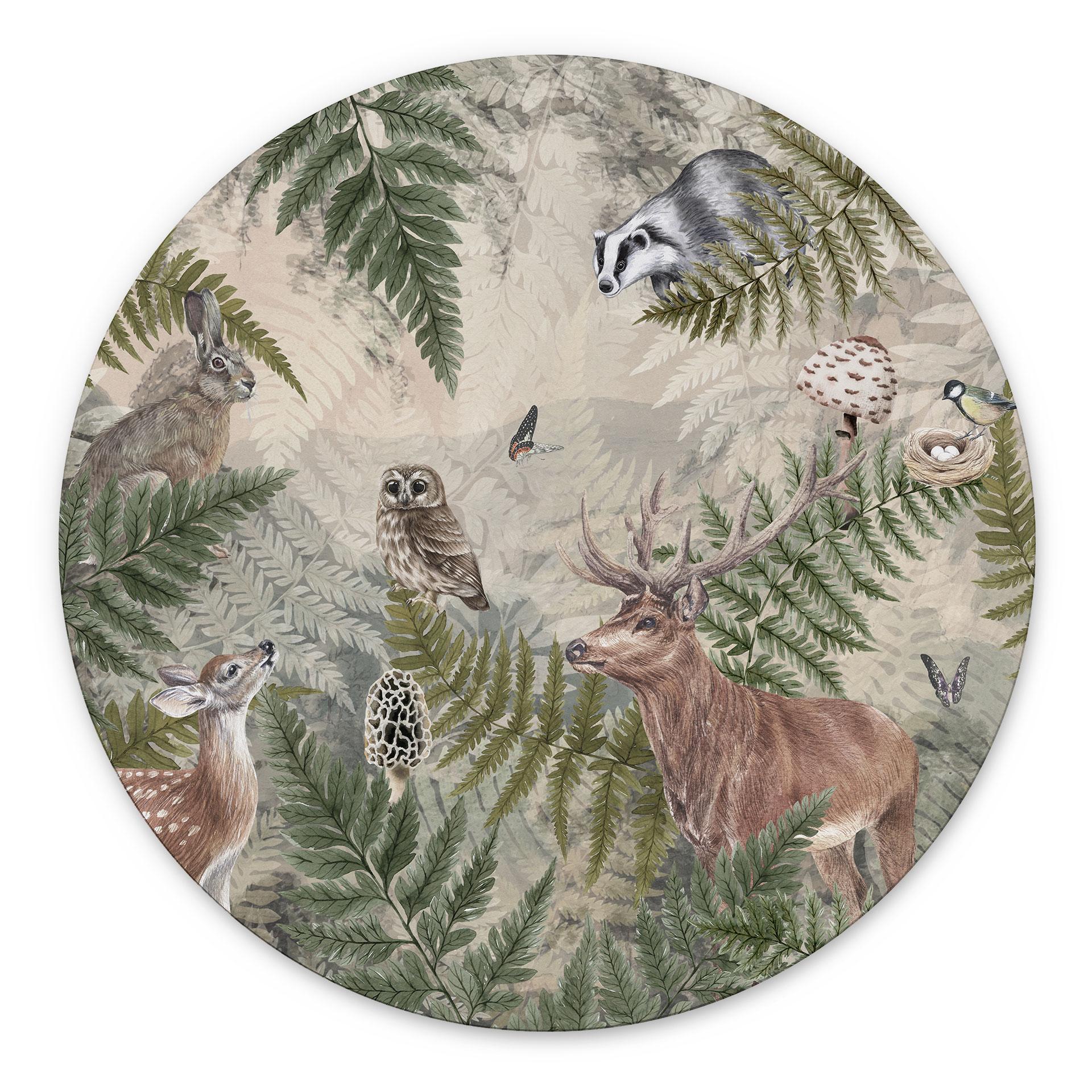 Wanddecoratie bosdieren tussen varens en bladeren - Ms Tiff - Rond - Alu-Dibond
