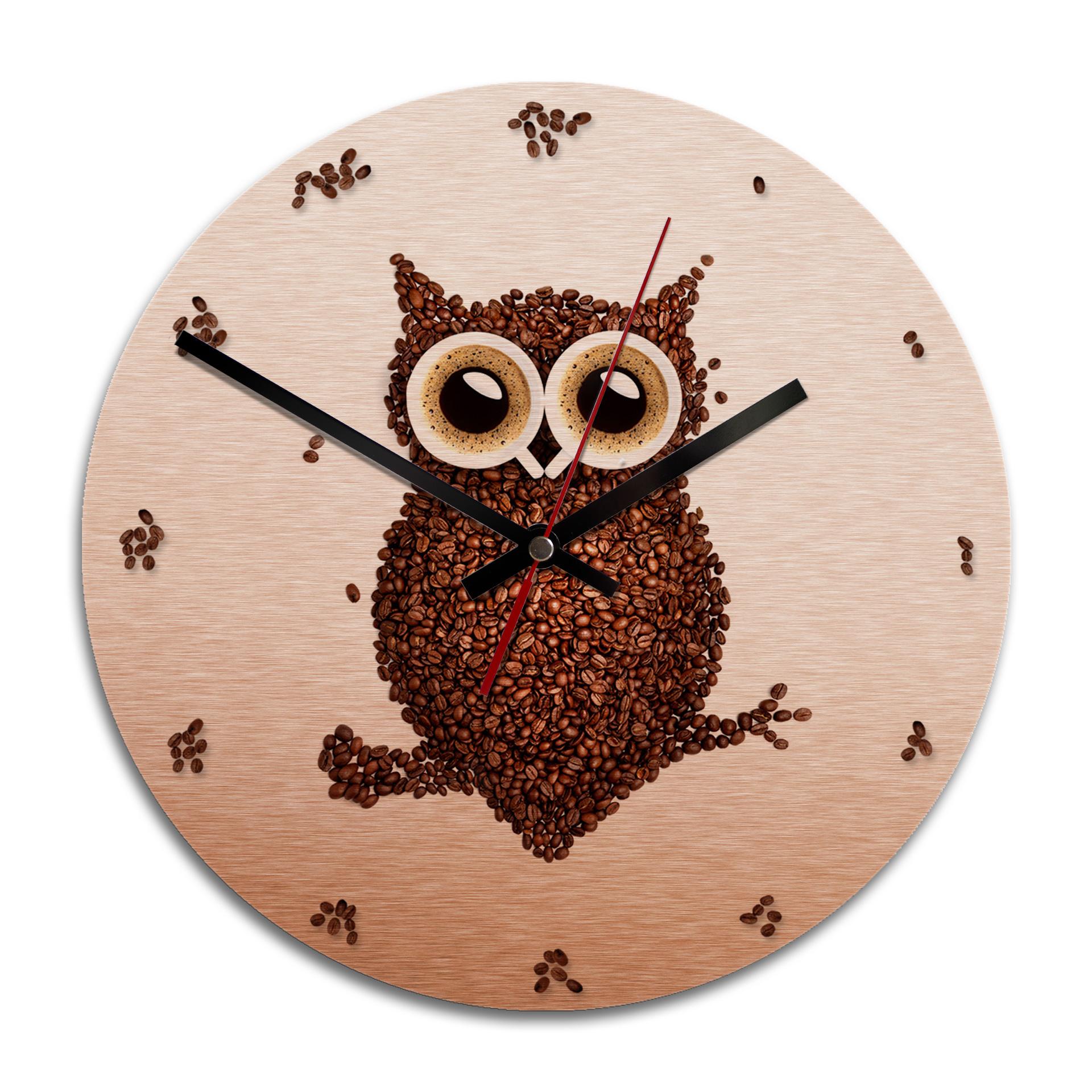 Wanduhr Alu-Dibond-Kupfereffekt - Kaffeeeule - Ø 28 cm