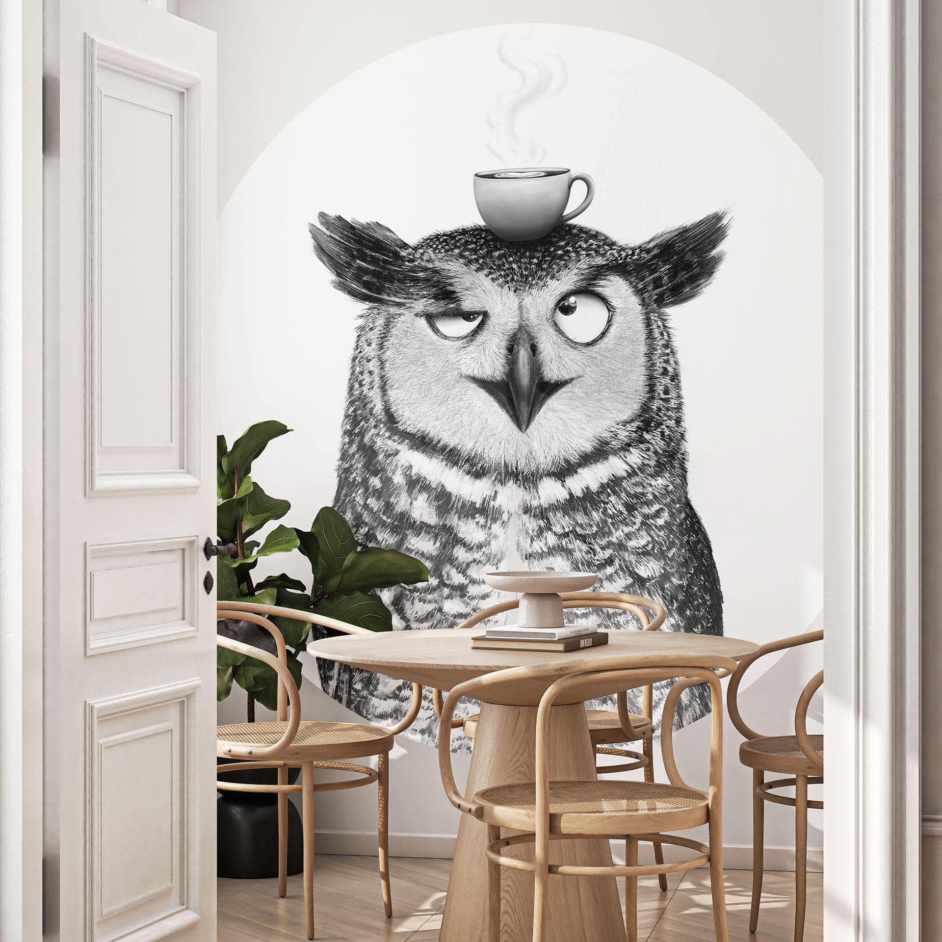 Papier peint photo Rond Hibou amusant avec café - Korenkova