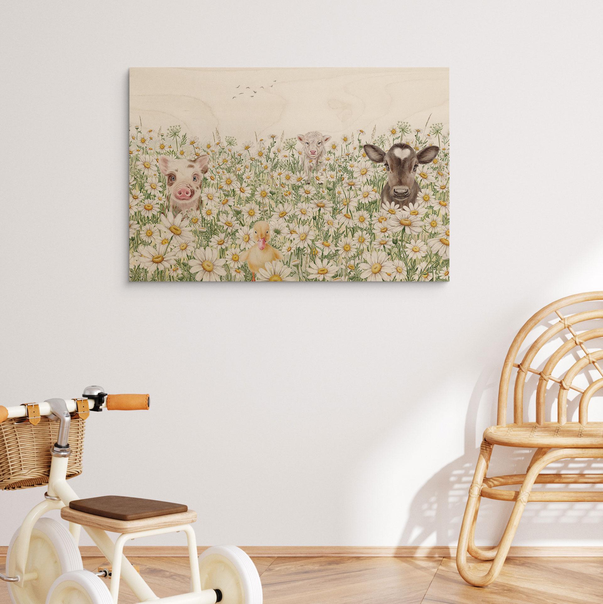 Holzbild Bauernhoftiere auf der Blumenwiese - Kikki Belle