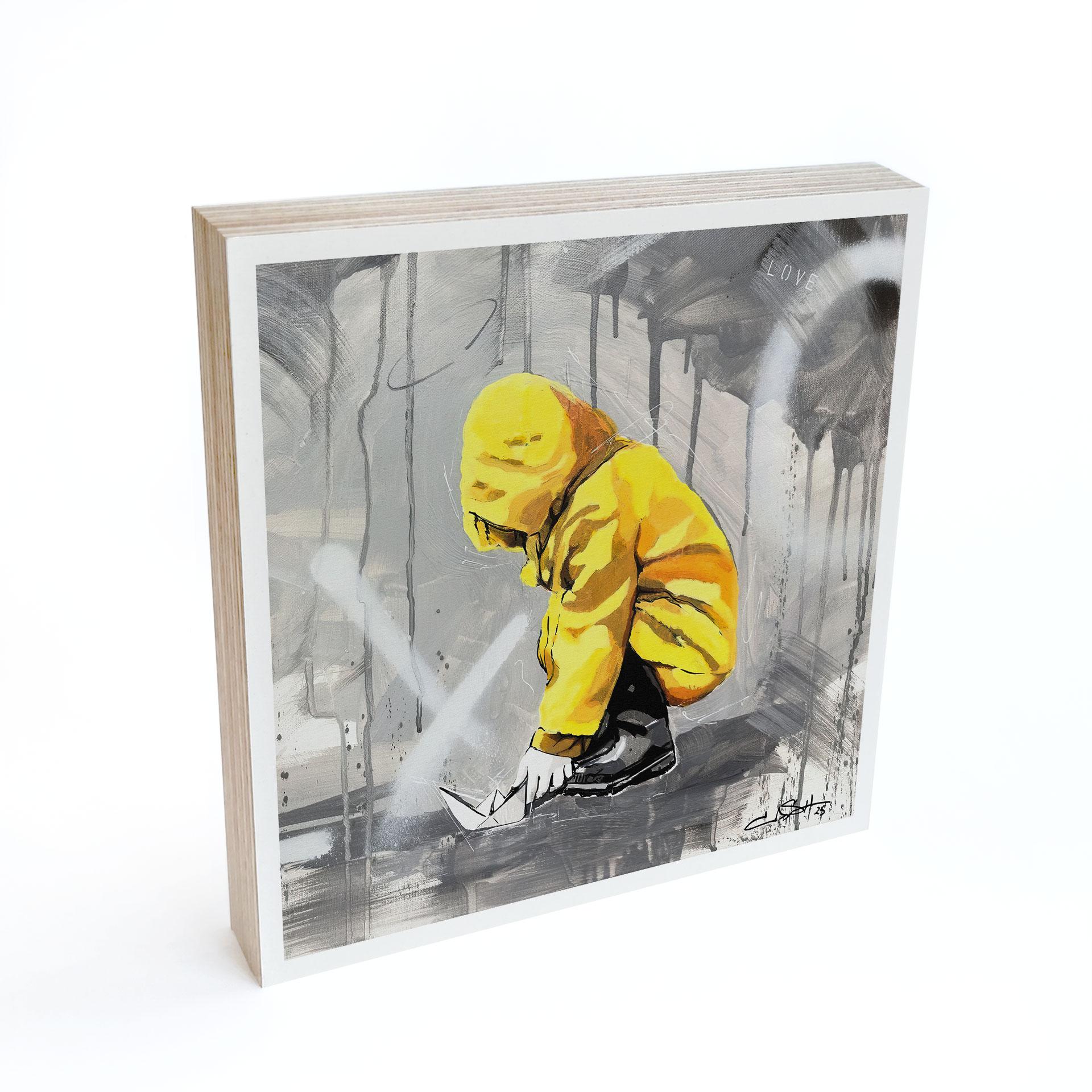 Holzbild zum Hinstellen Kind mit Papierschiff Streetart - Habib - 15x15 cm