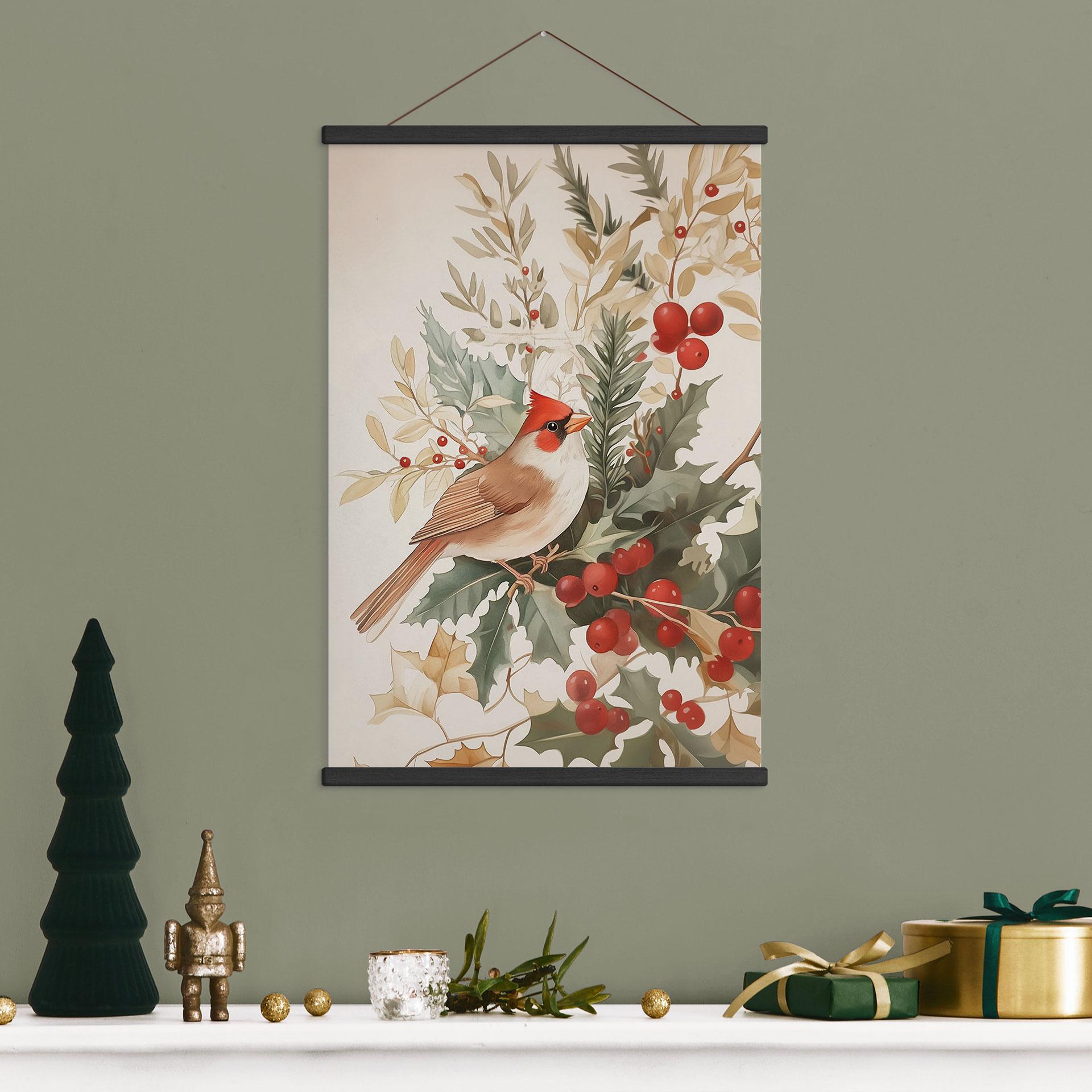 Póster de tela de invierno - Pájaro cardenal con rama de bayas - Melloi Art Prints