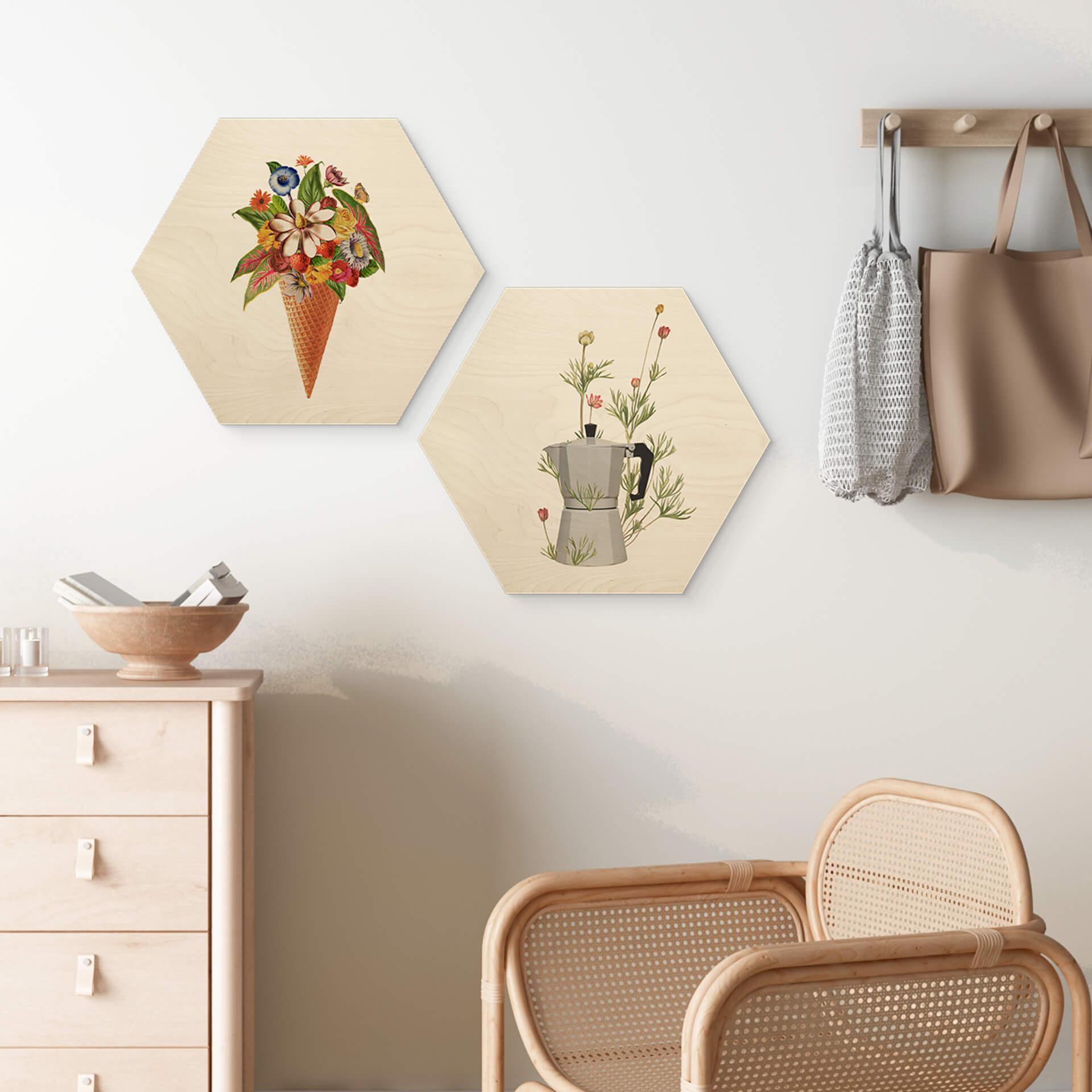 Wandbild Frida Floral Studio - Blumige Eistüte - Hexagon Holz