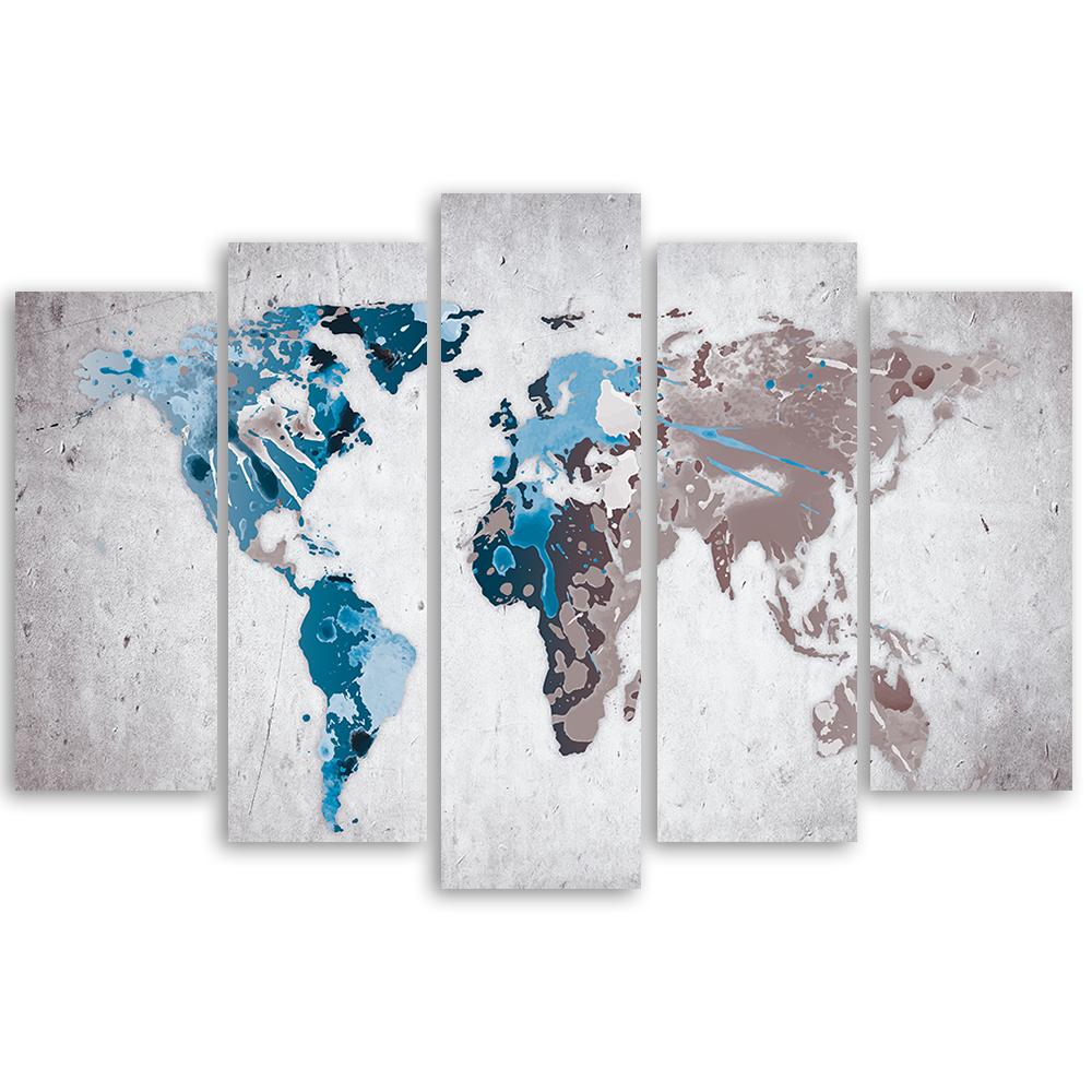 5-delige canvas print retro wereldkaart turkoois