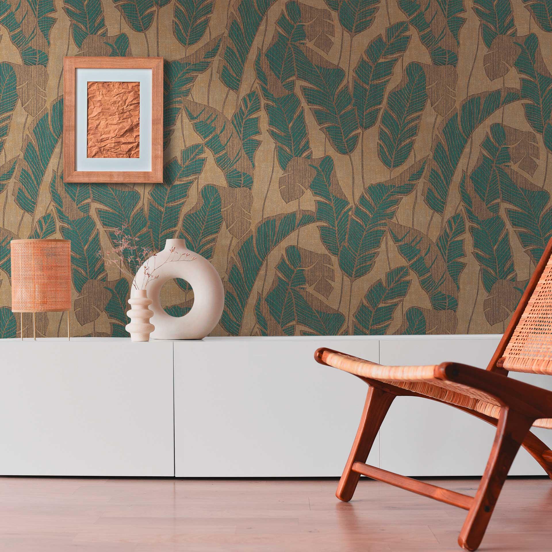Bladmønster tapet lys blank beige blå - blomstertapet planter