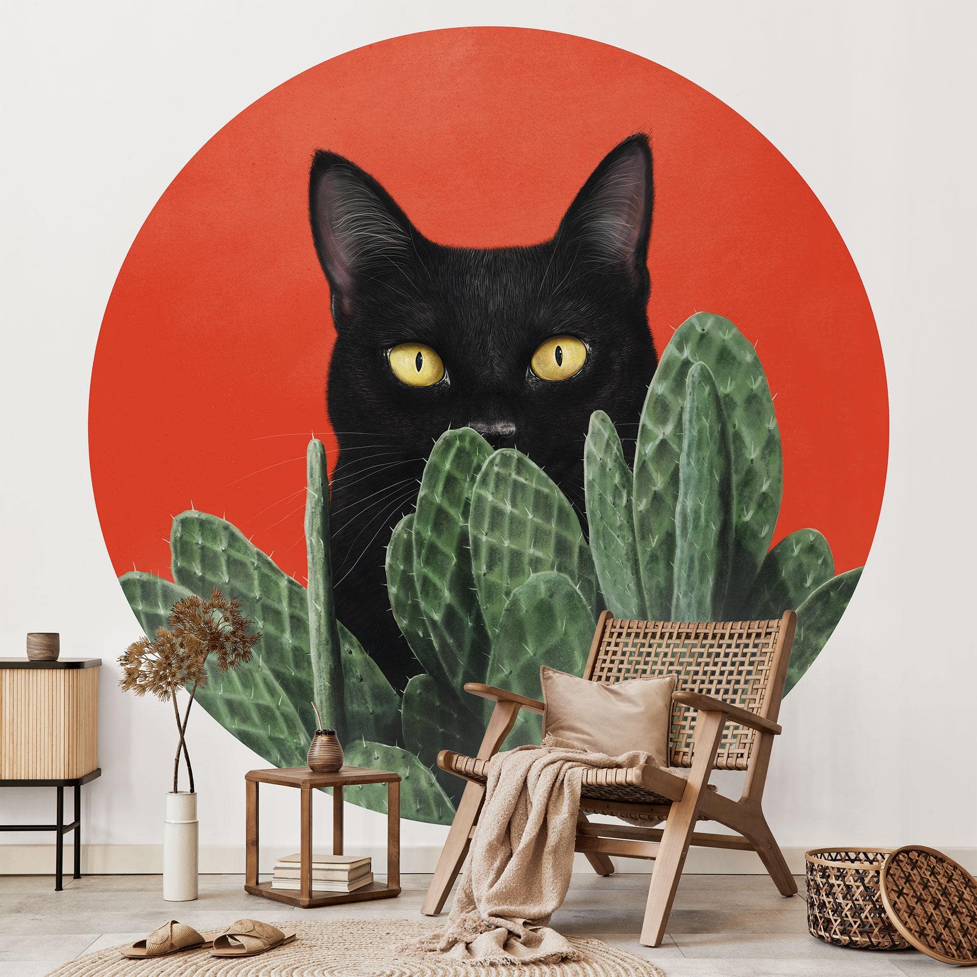 Papier peint photo Chat noir caché dans les cactus Rond - Korenkova