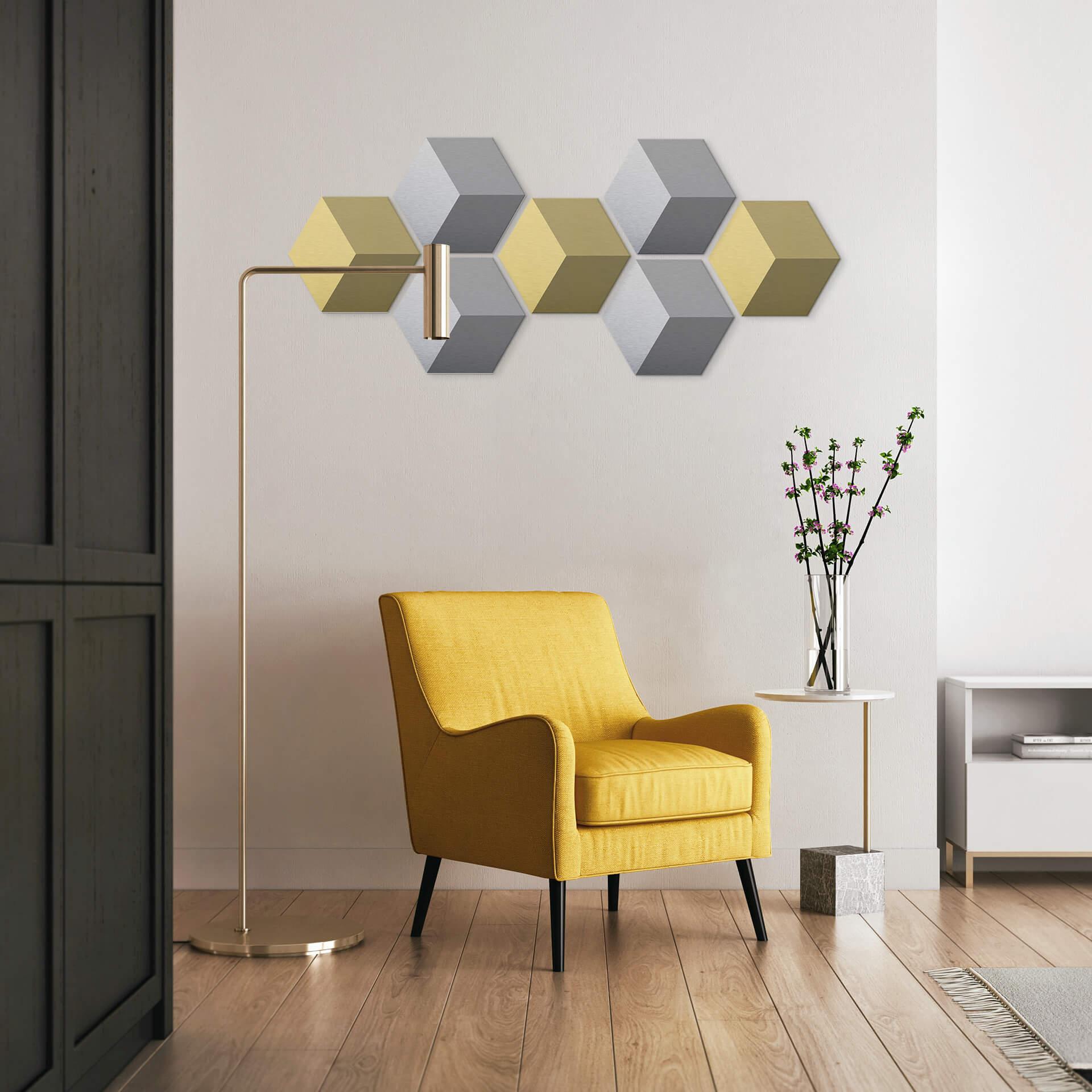 3D Hexagon Alu-Dibond sæt - Sølv og guld (sæt med 7)
