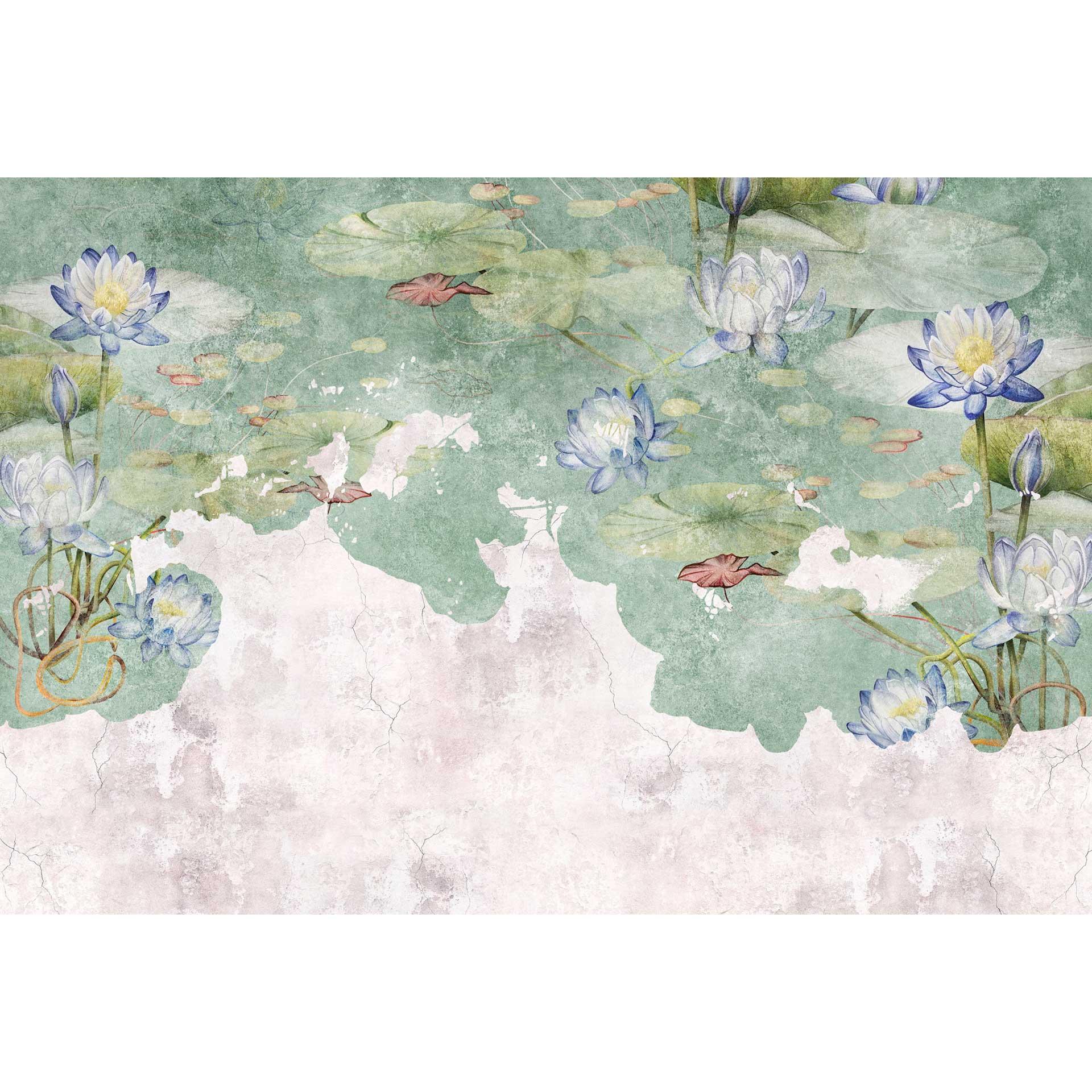 Waterlelie aquarel behang in blauw en groen - vliesbehang met waterplanten