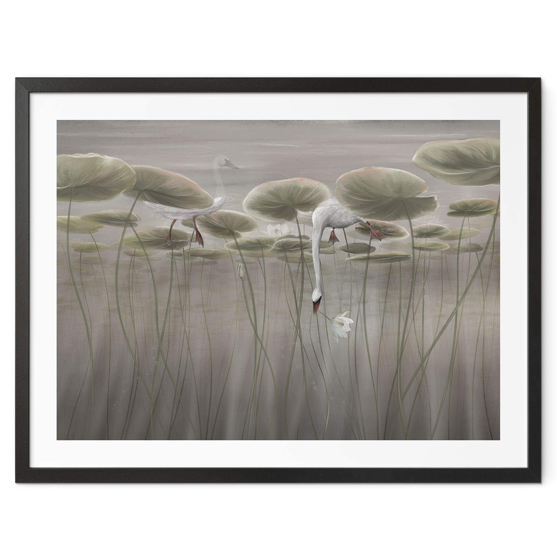 Poster lotusbloemen met zwaan in water in grijs - Ms Tiff
