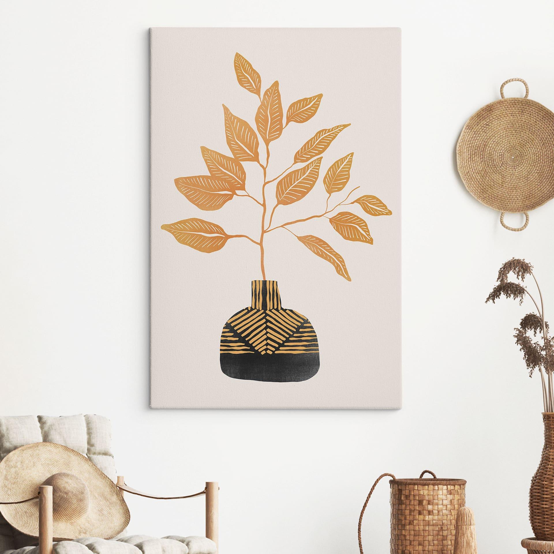 Canvasbillede Gylden gren med blade | Bladmotiv til stuen - Cats & Dotz