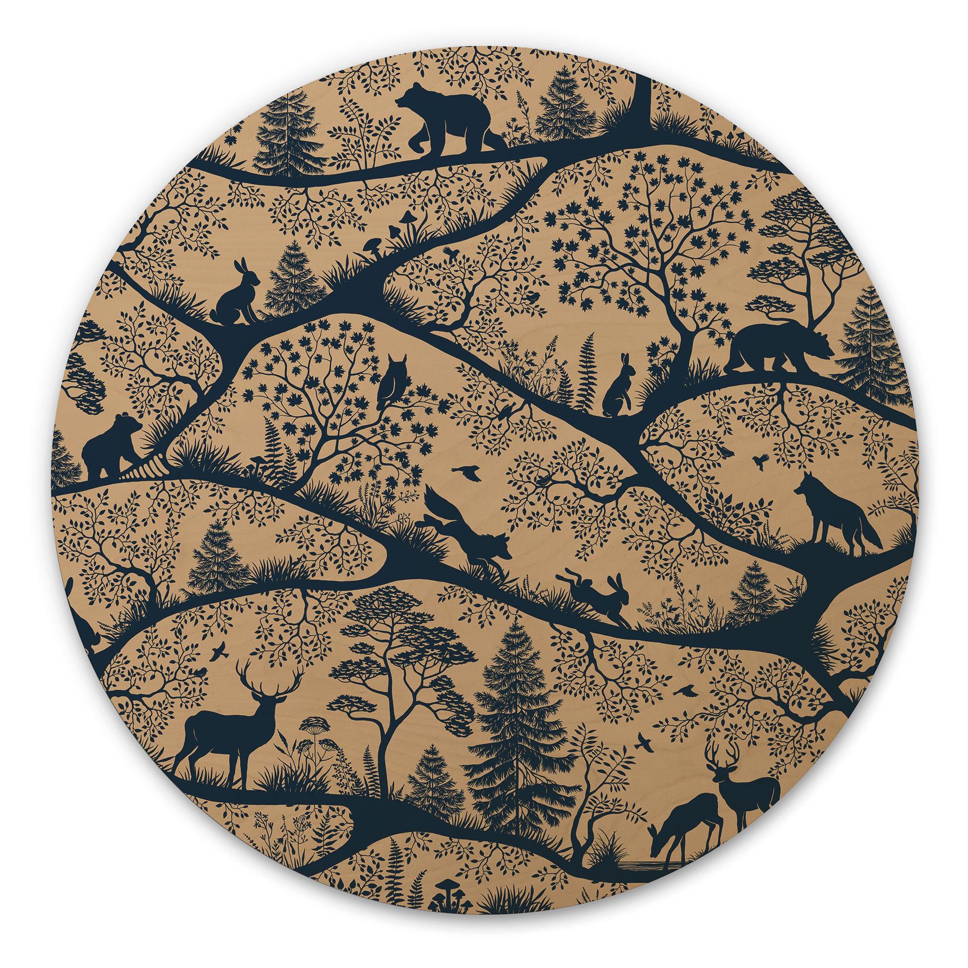 Houten Wanddecoratie Dierensilhouetten in het Noordse Bos - Oliver Robins - Rond