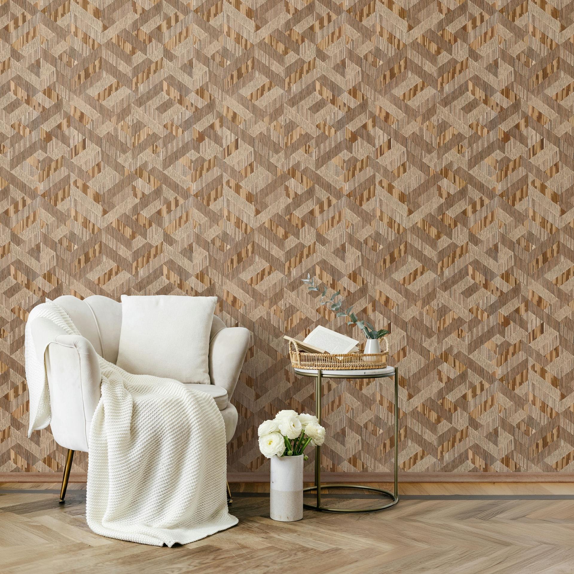 Vliesbehang 3D look houteffect landhuis mat in beige bruin