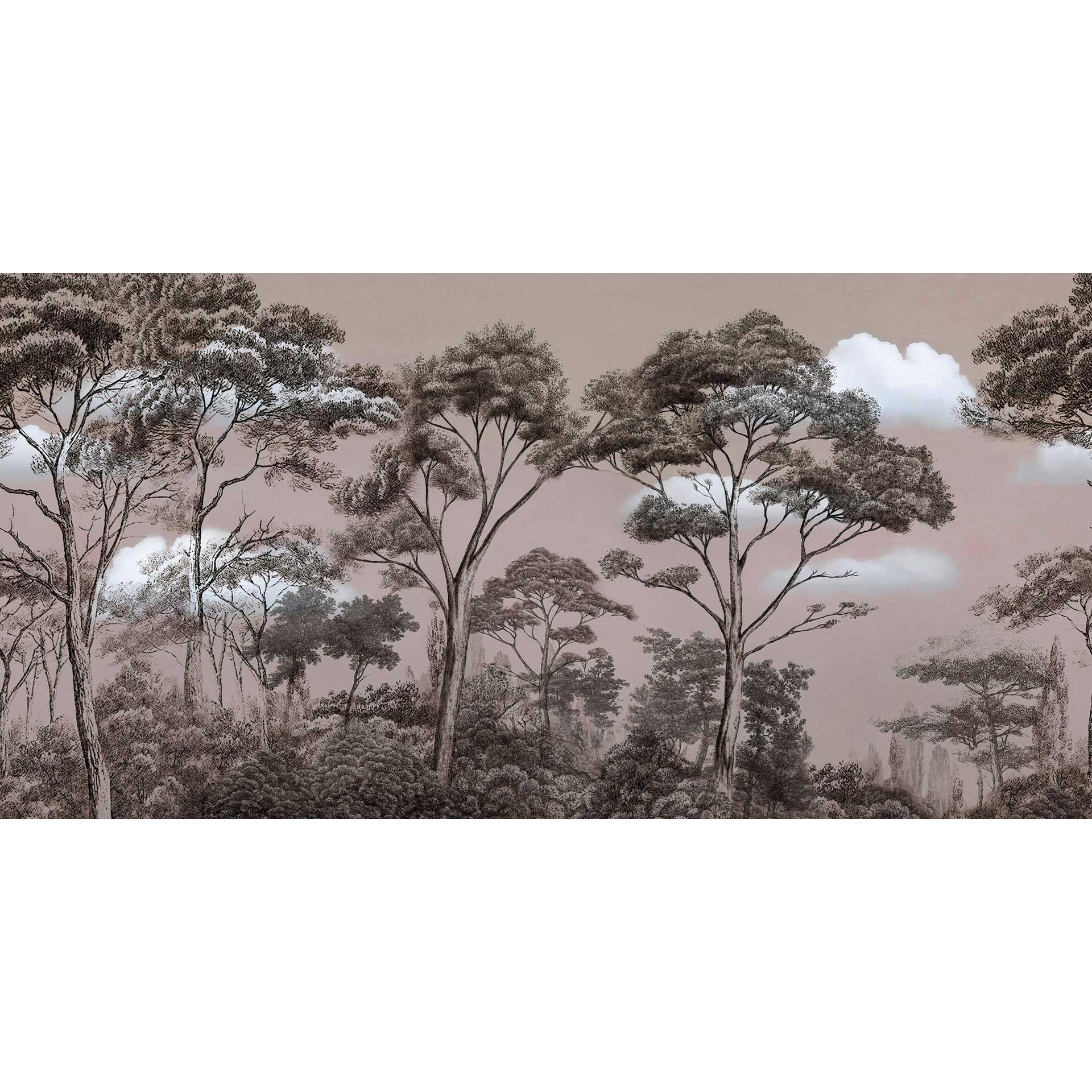 sepia toon boslandschap behang - boom motieven in mist - vlies
