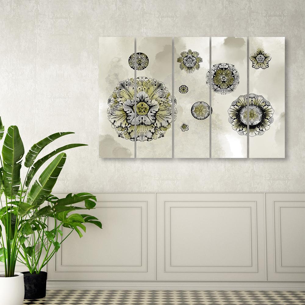 5 stykke lærredsprint, blomstergeometriske former