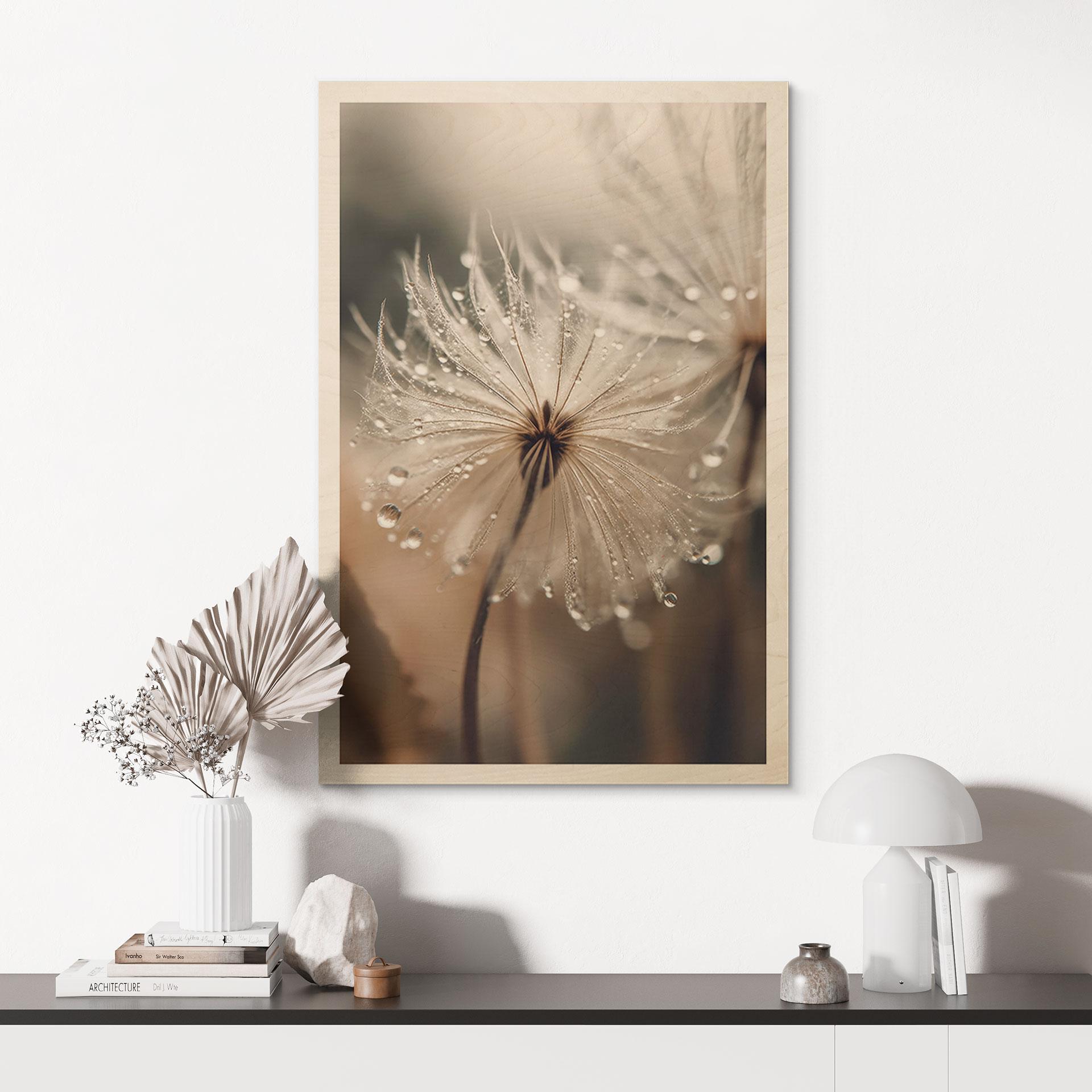 Holzbild Pusteblume in Morgentau - Treechild