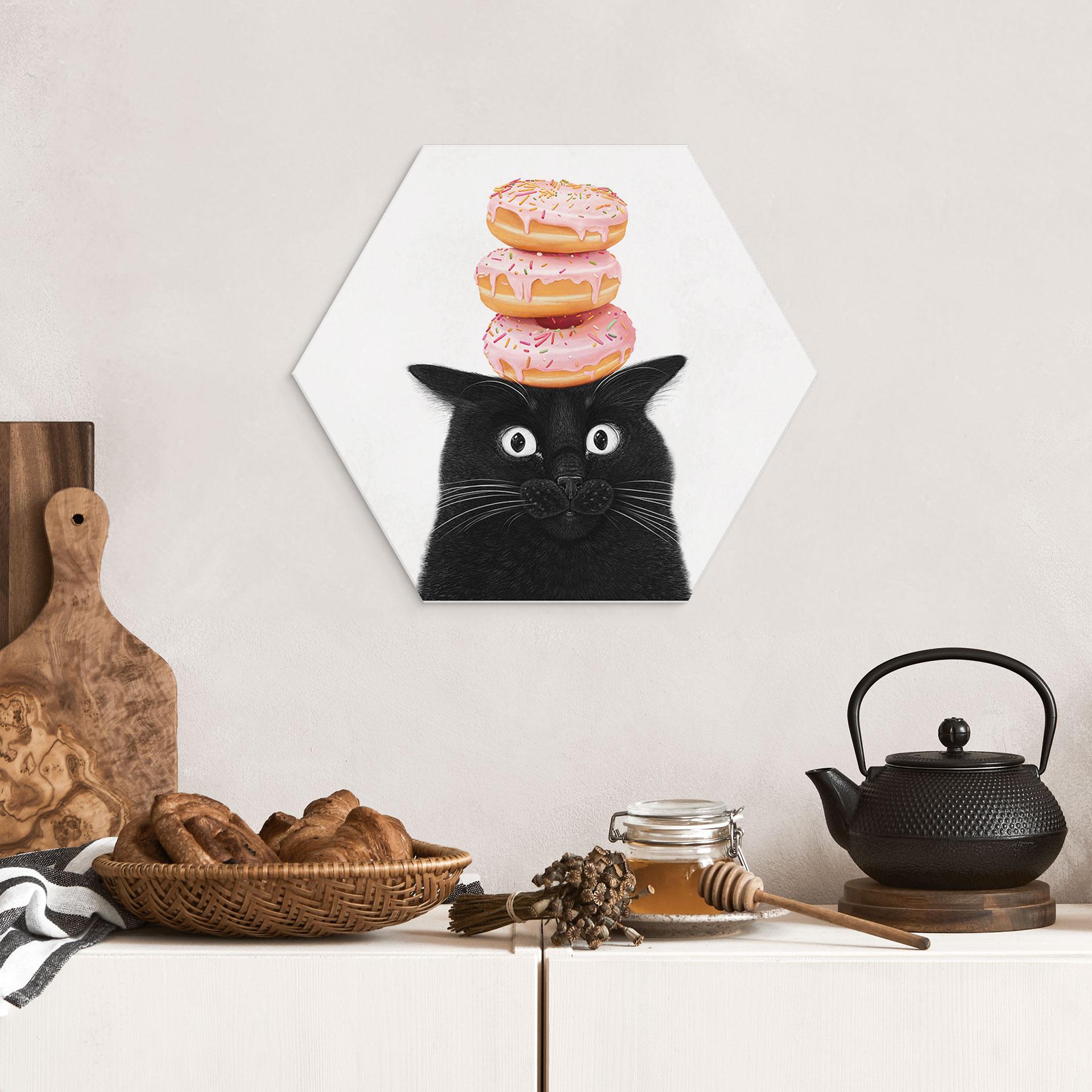 Billede Sort kat med lyserøde donuts Hexagon - Korenkova