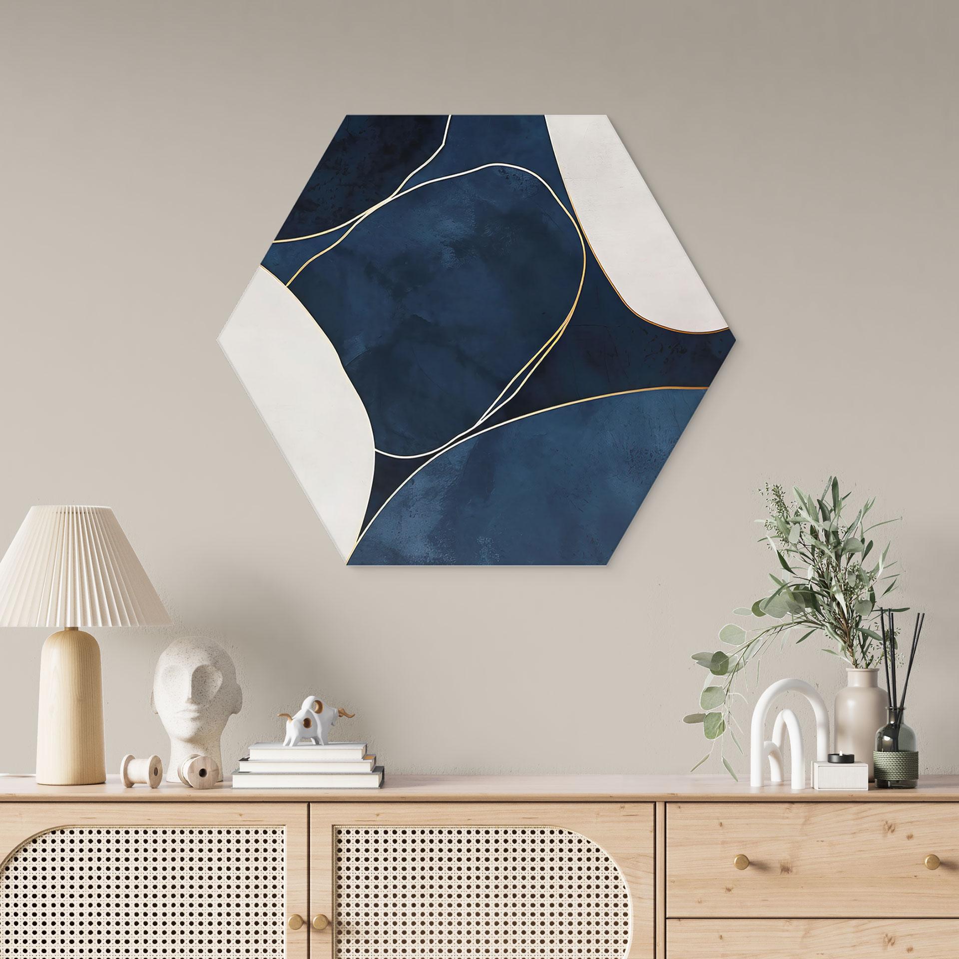 Hexagon Dibond Geometrisk balance i blå og hvid - Paksoylu