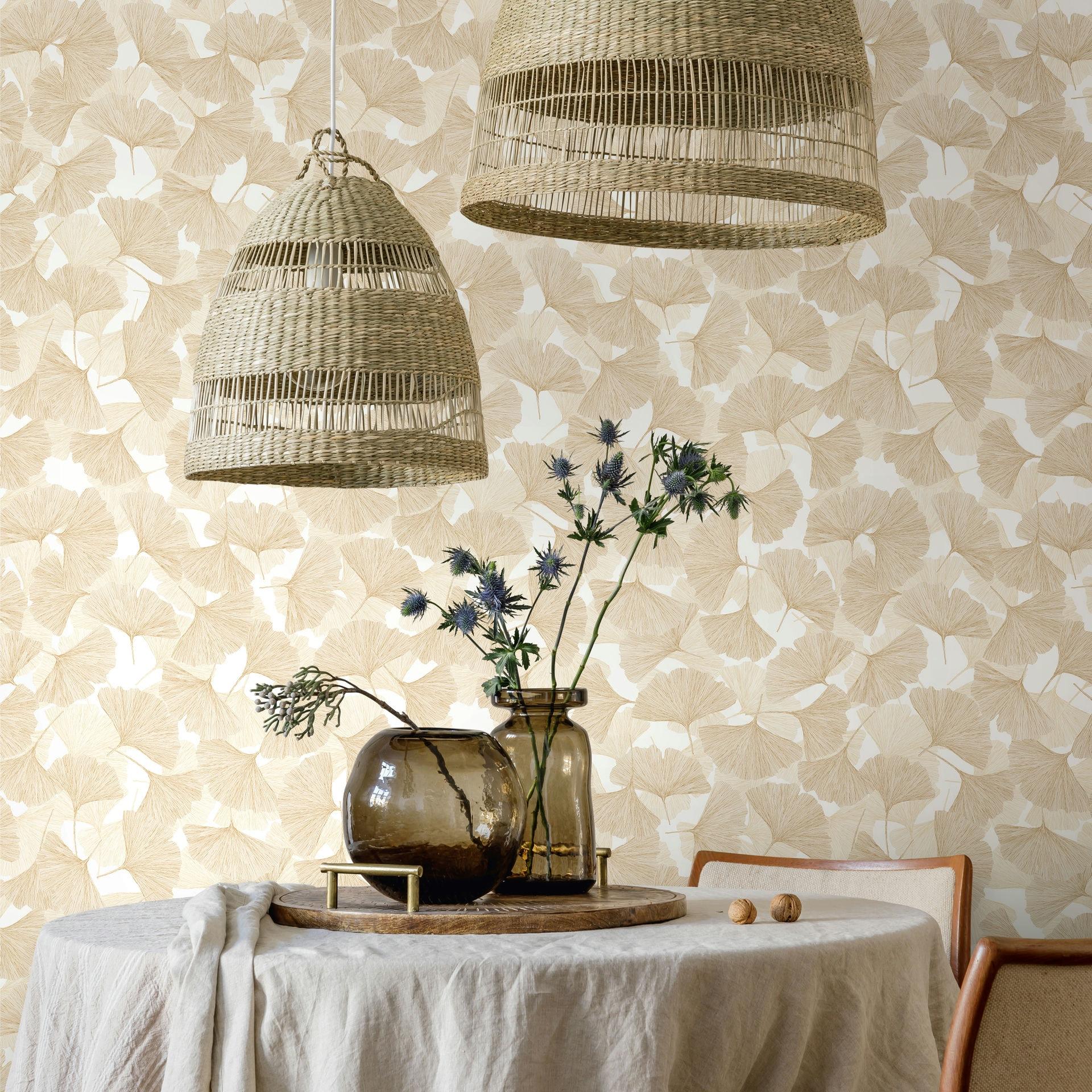 Vliesbehang 3D, bladeren bloem natuur mat in beige