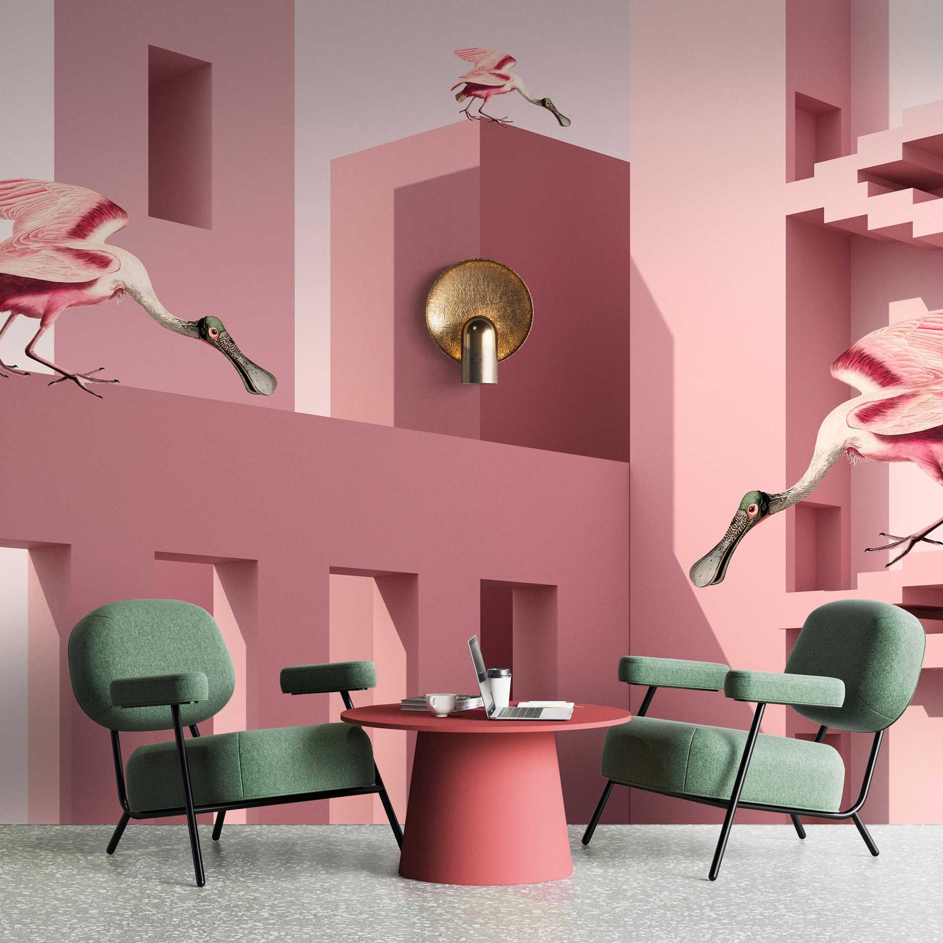 Surrealistisk fugletapet i rosa toner - non-woven tapet med arkitektoniske elementer