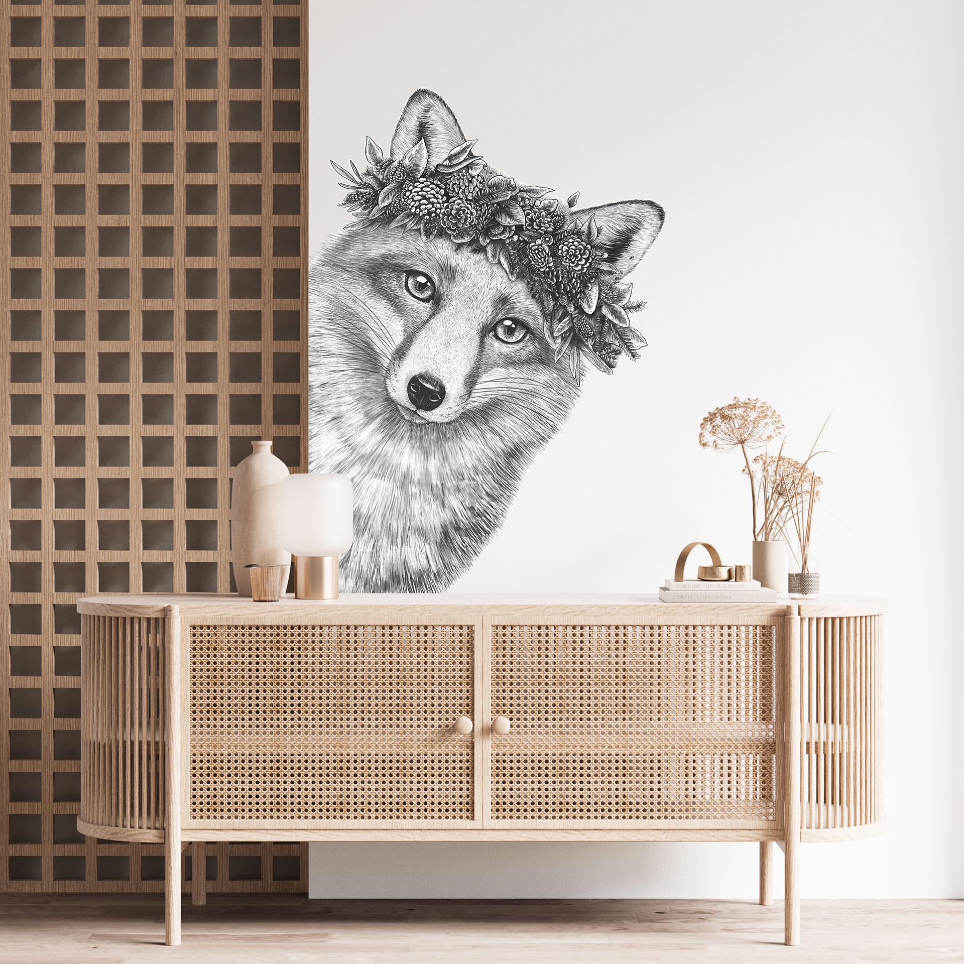 Wandtattoo Schwarz-weißer Fuchs mit Blumenkranz - Korenkova