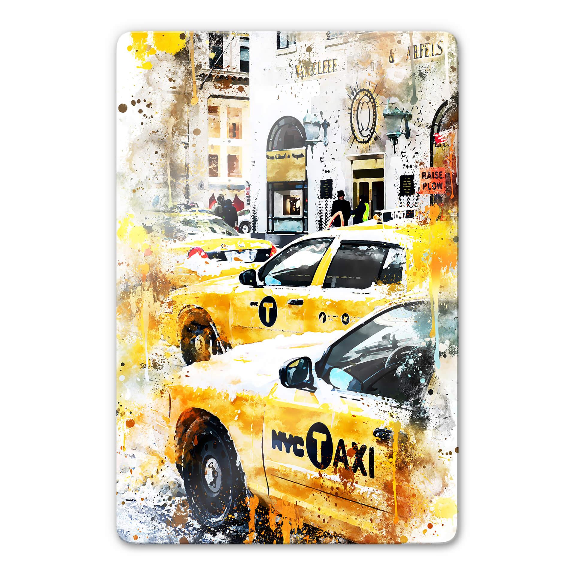 Glasschilderij Hugonnard - Aquarel - New York Taxi's