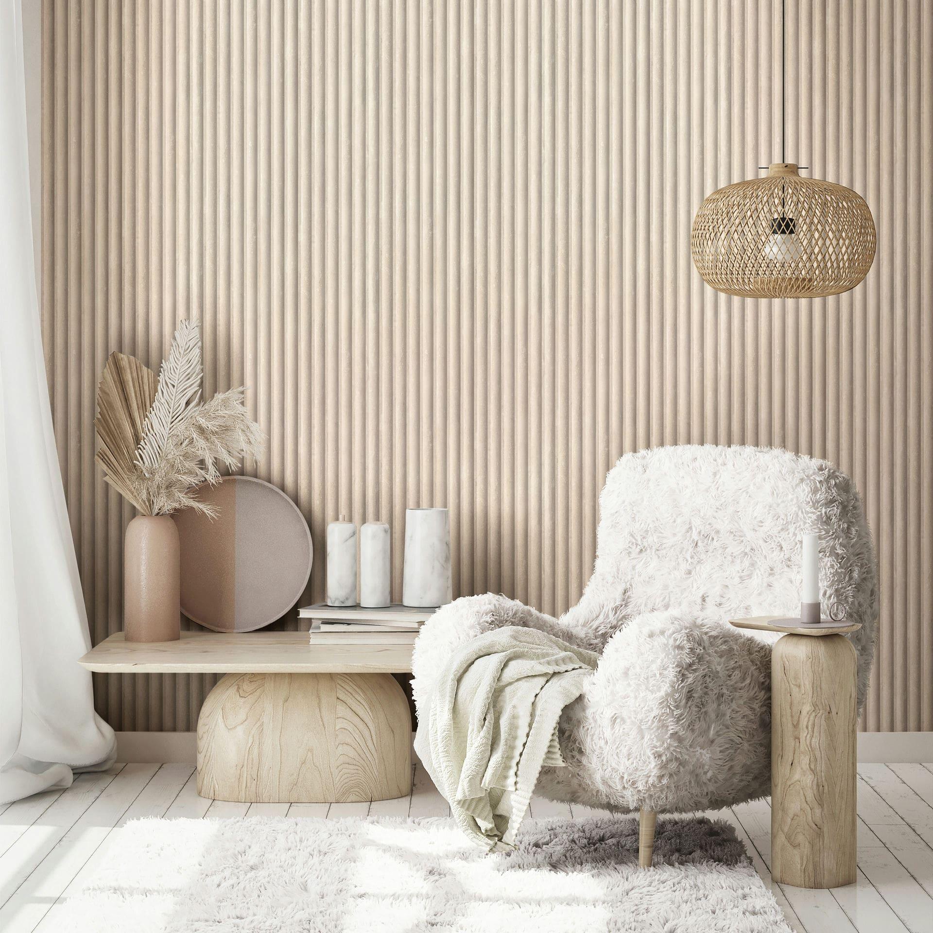 Non-woven tapet i gråbeige 3D-look akustikpanel-look træstriber klassisk