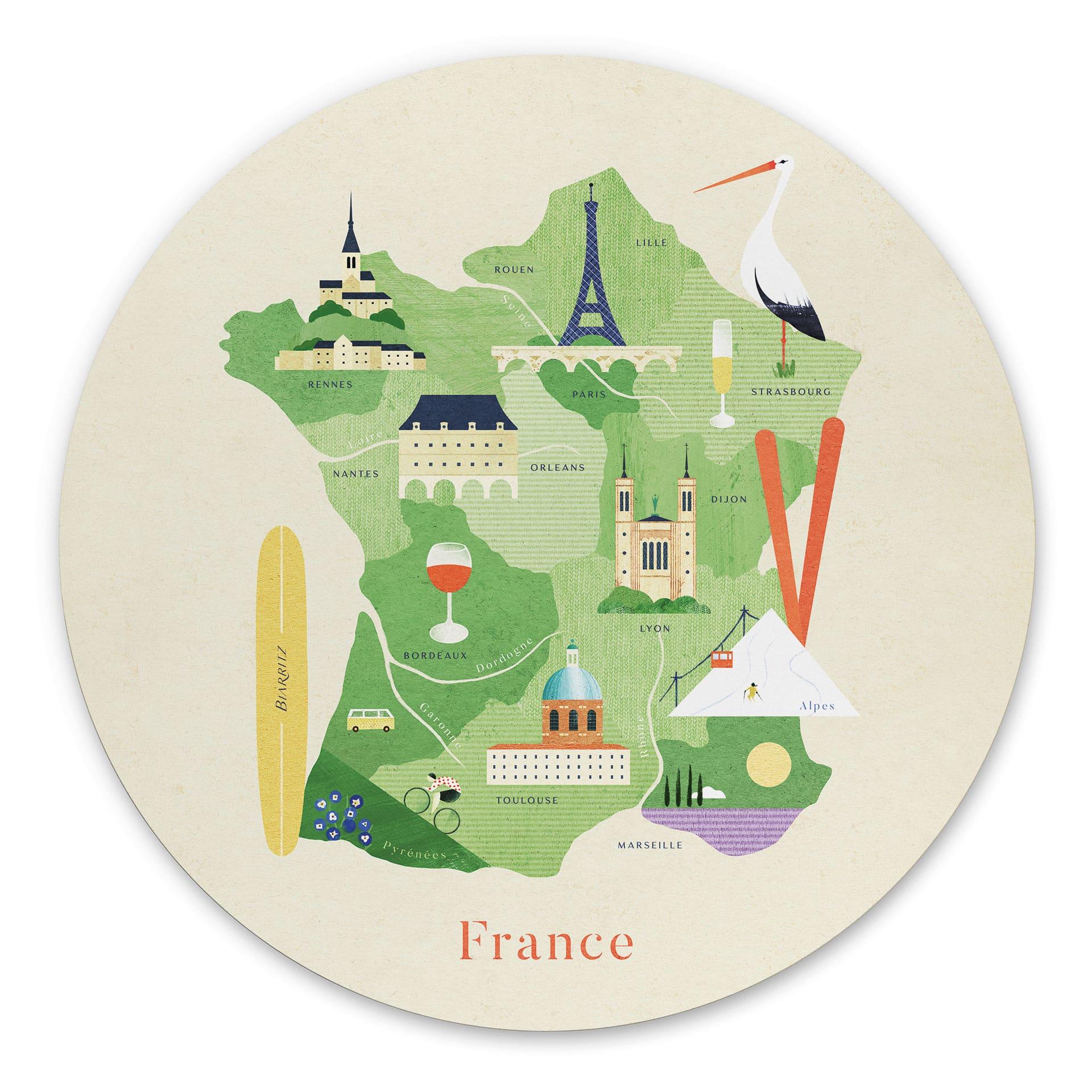 Wandbild Karte von Frankreich - Rivers - Rund - Alu-Dibond