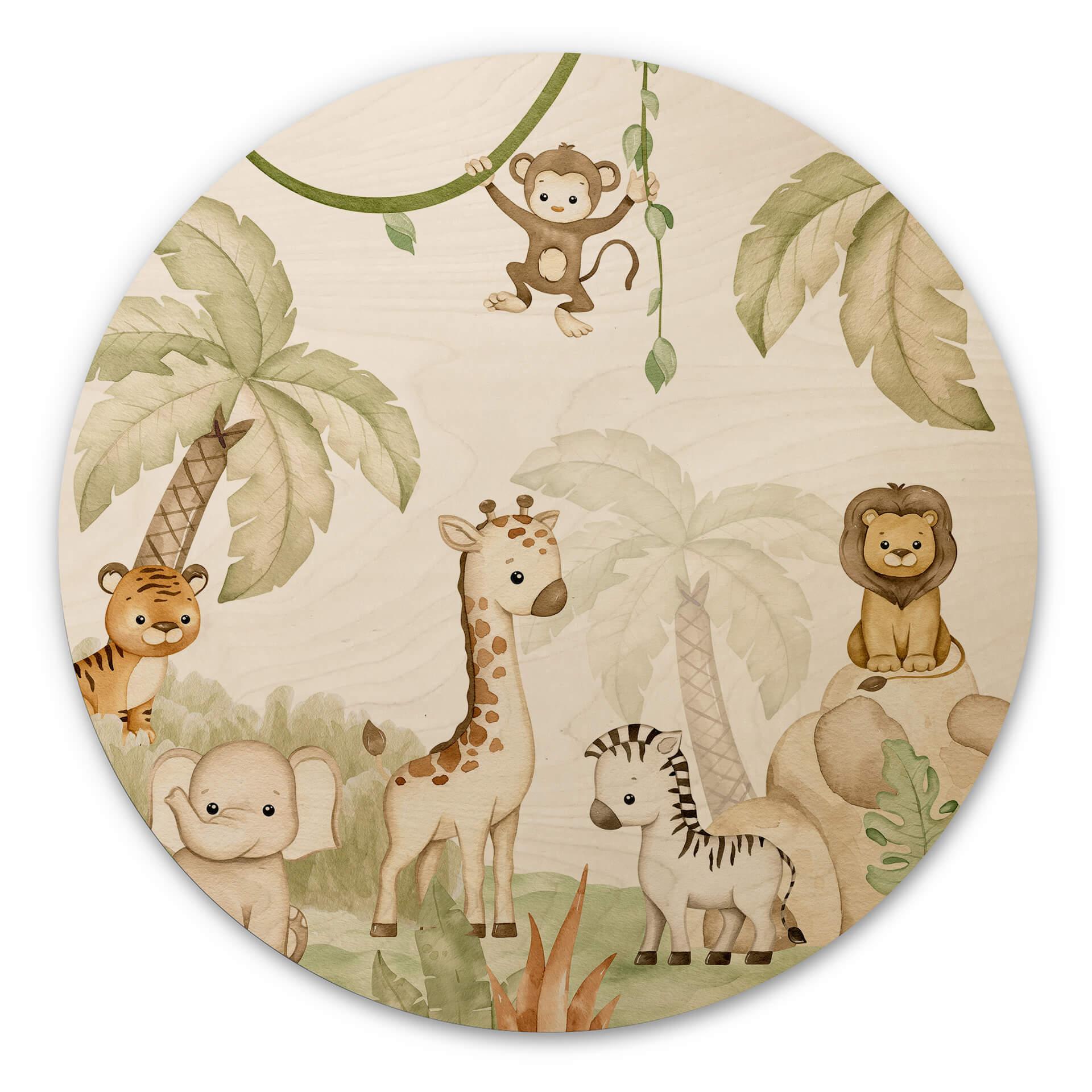 Væg cirkel træ Oliver Robins - Animals and Palm Trees