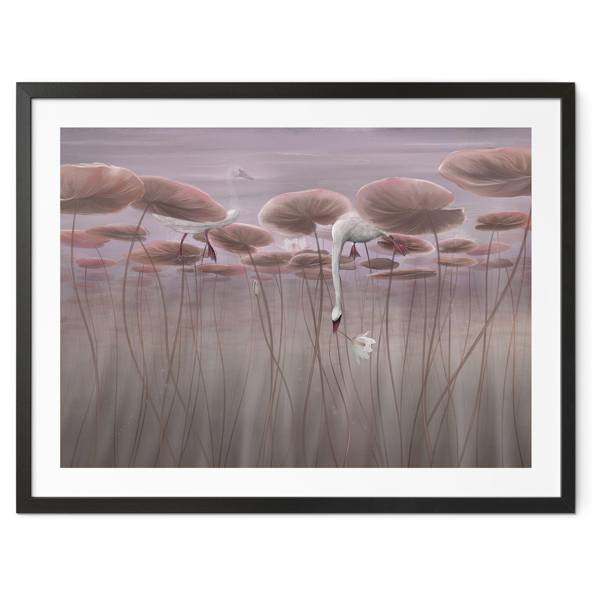 Poster lotusbloemen met zwaan in water in donkerroze - Ms Tiff