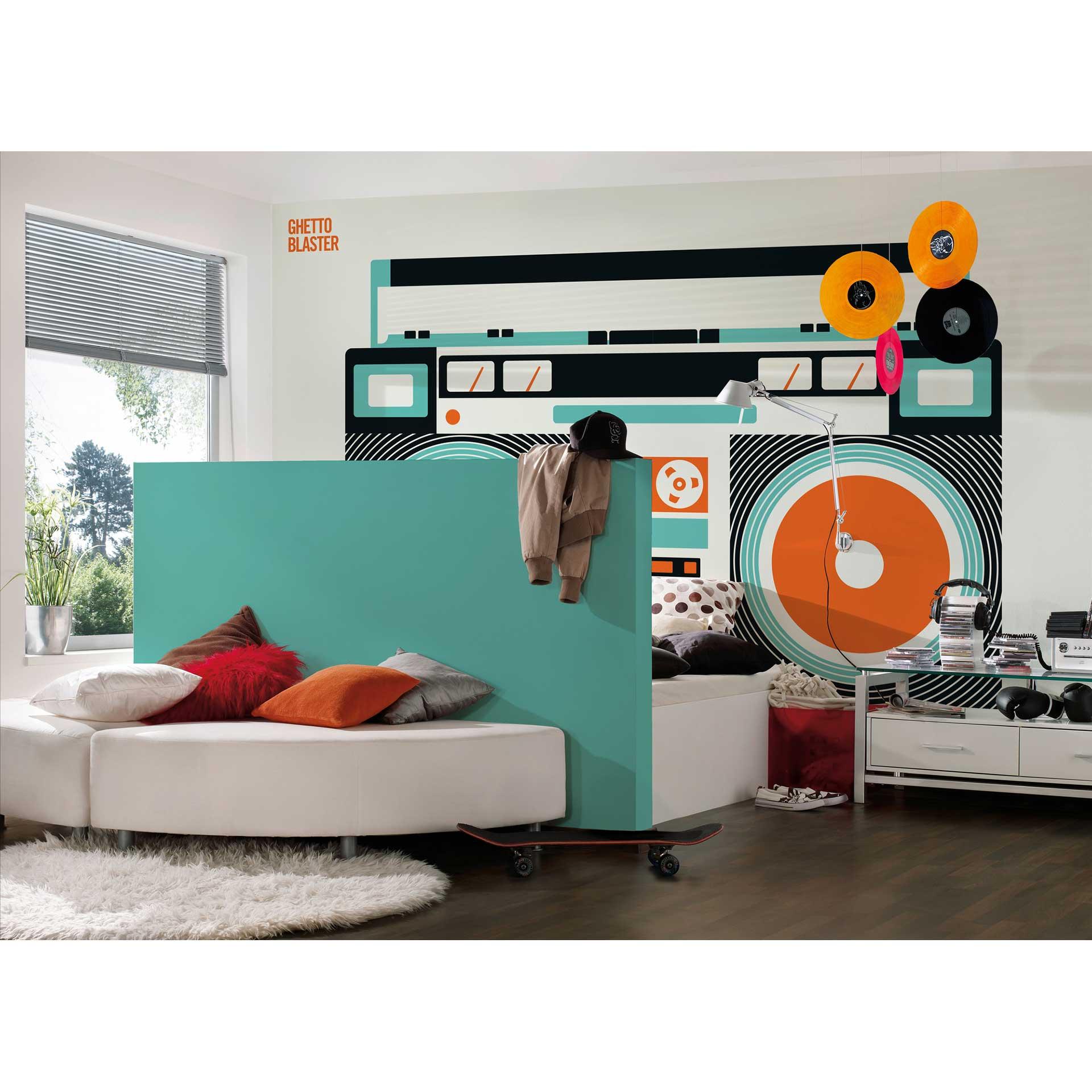 Livingwalls Fototapete ARTist Ghetto Blaster orange, schwarz, türkis