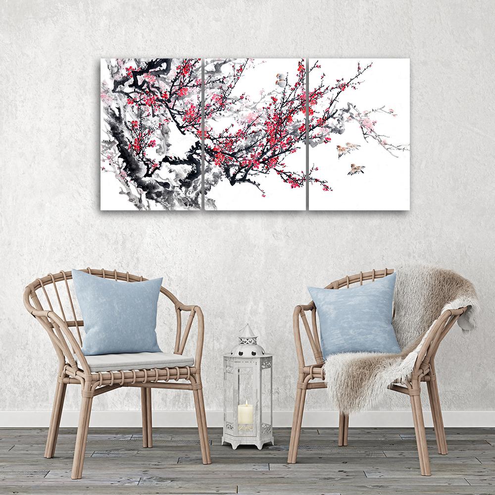3 stykke lærredsprint, Cherry Blossom Japan Tree