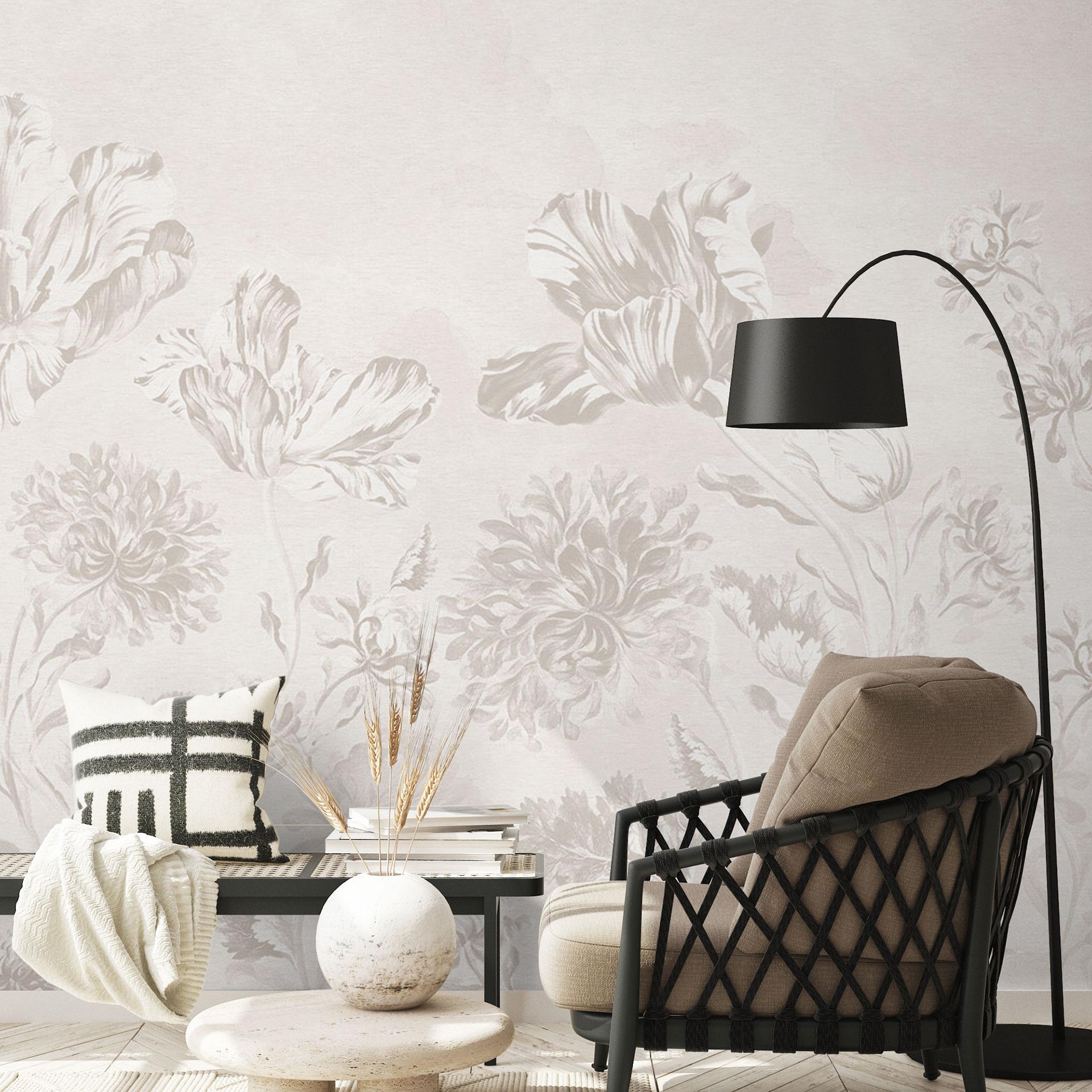 Fototapet med blomster - vilde blomster i kridtlook greige - Bloomery Decor