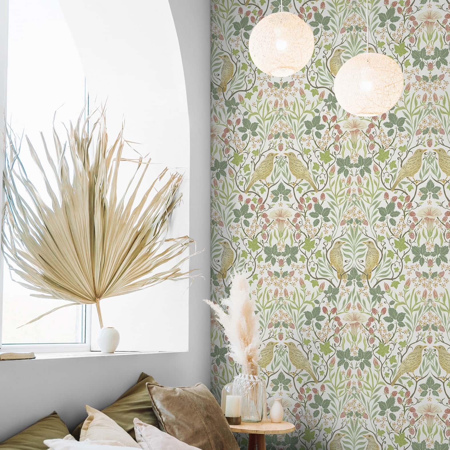 Vliesbehang vogels, bloemen bloemen natuur in wit
