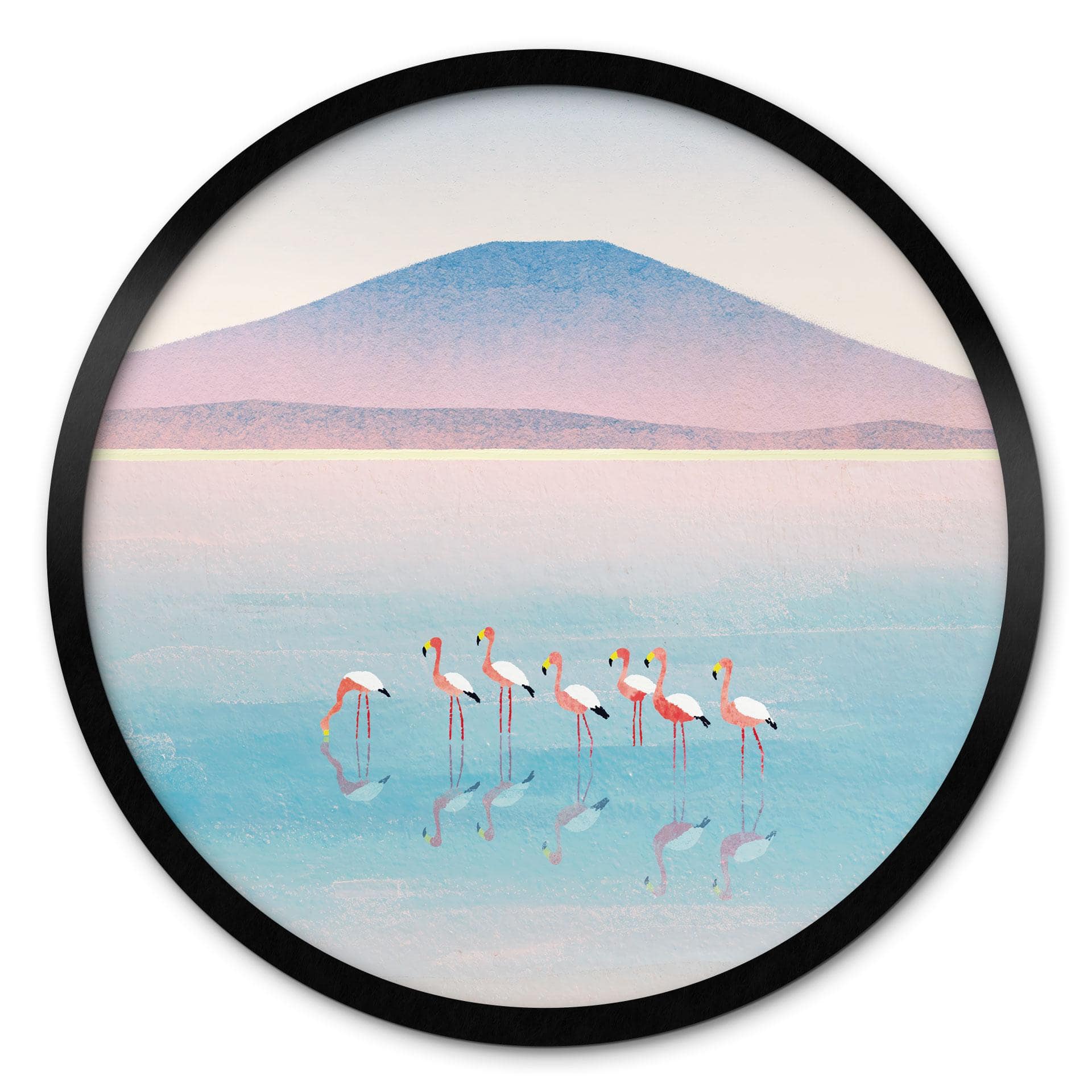 Poster Lac aux couleurs pastel avec flamants roses - Rivers - Rond