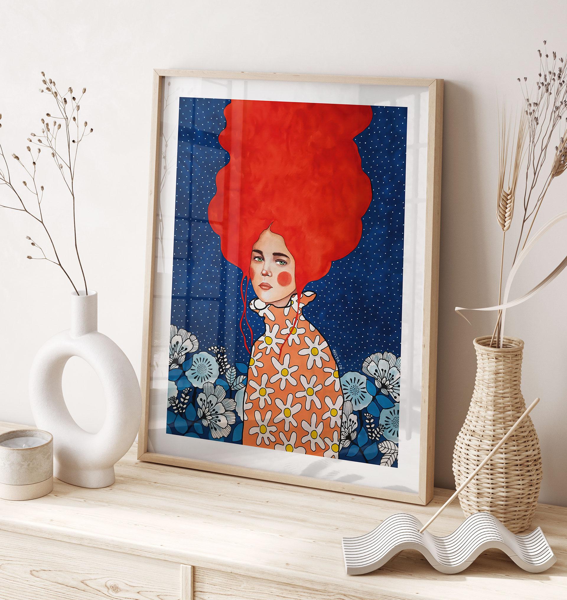 Plakat kvinde med rødt hår og blomster - Hülya